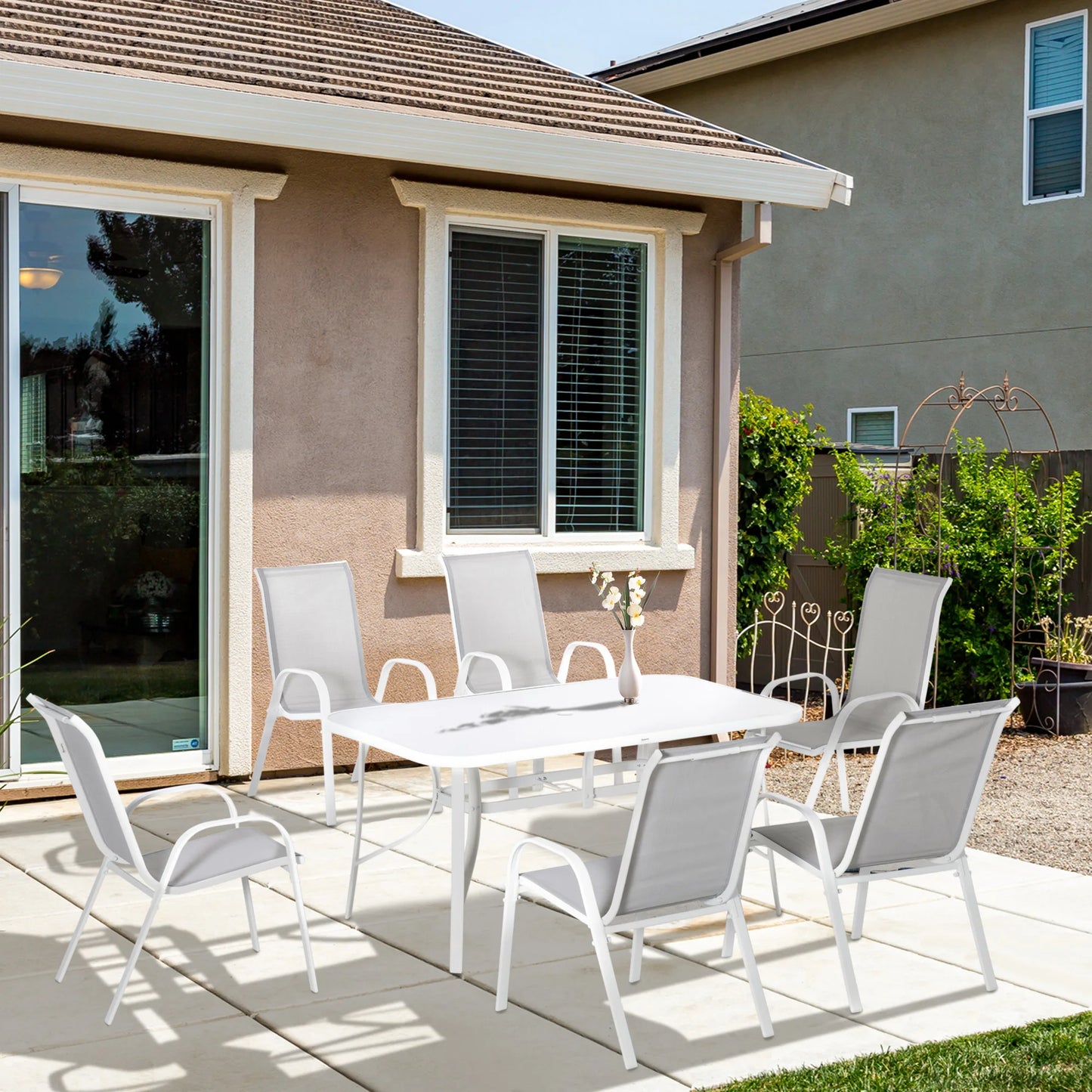 7-Piece Outdoor Dining Set with Table and Chairs, 6-Seater Furniture Featuring Parasol Hole