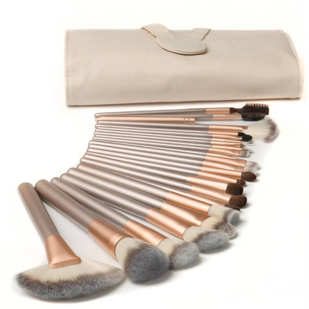 Luxury Wooden Makeup Brush Set with Leather Pouch - 12 to 24 Brushes for Flawless Application