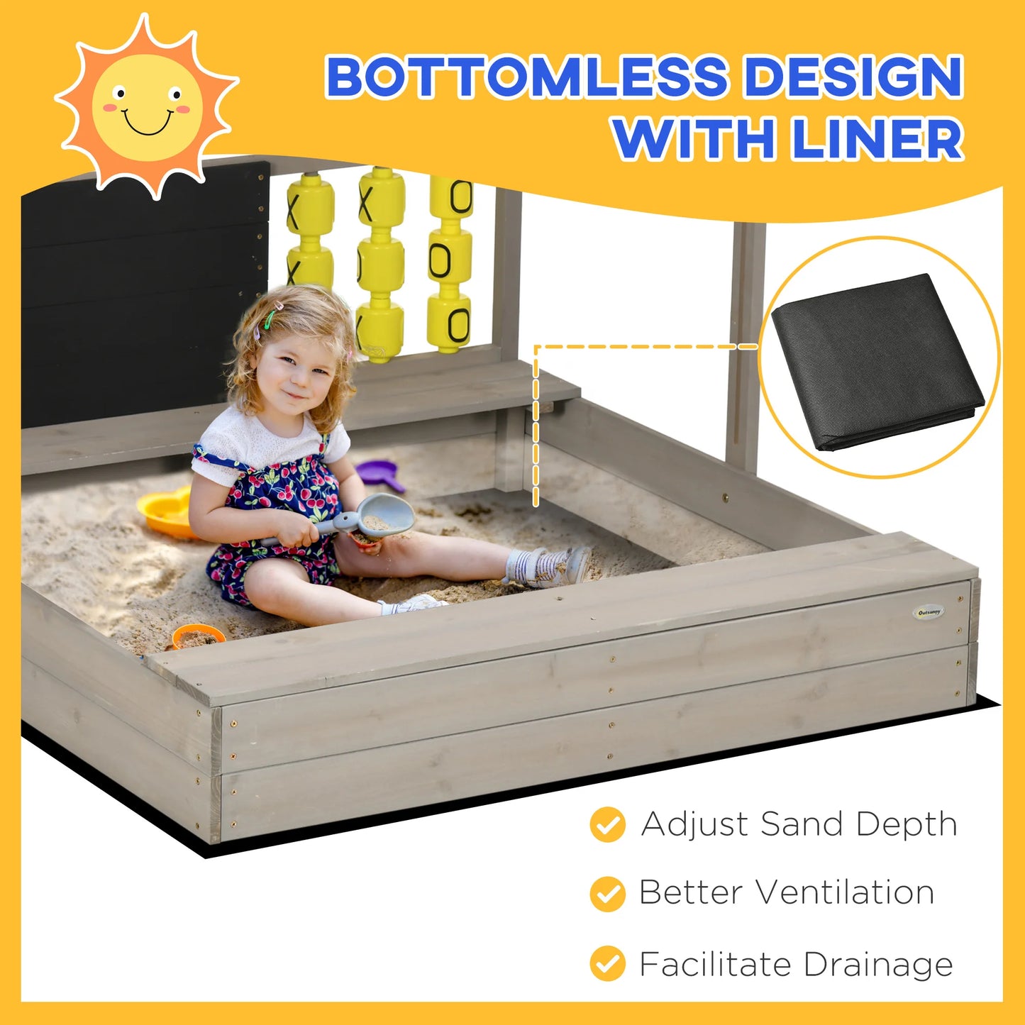 Outsunny Grey Wooden Sandbox for Kids with Canopy and Seating - Perfect for Garden Fun!