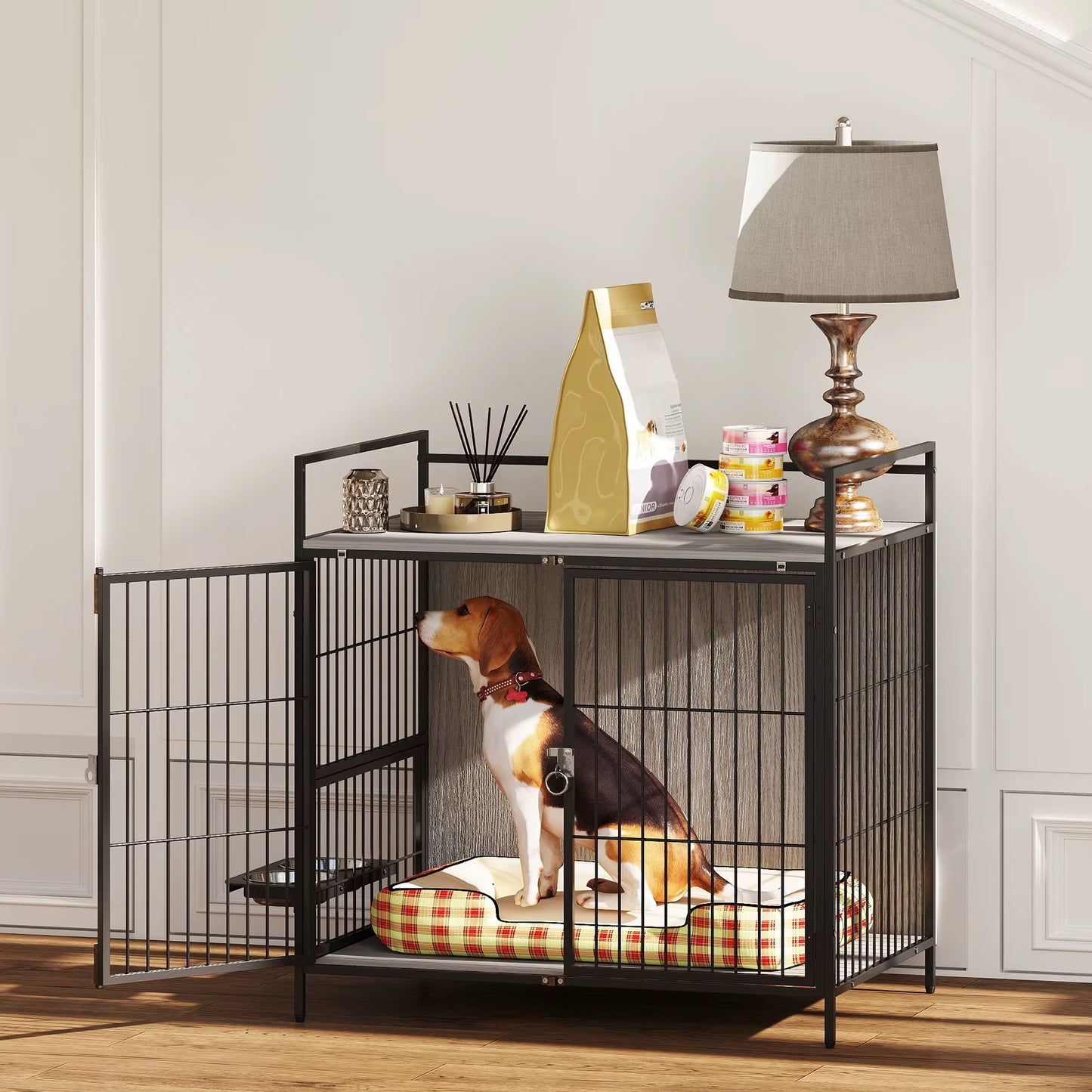 Dog Crate Furniture with Rotating Bowl Holder for Medium Dogs, Grey