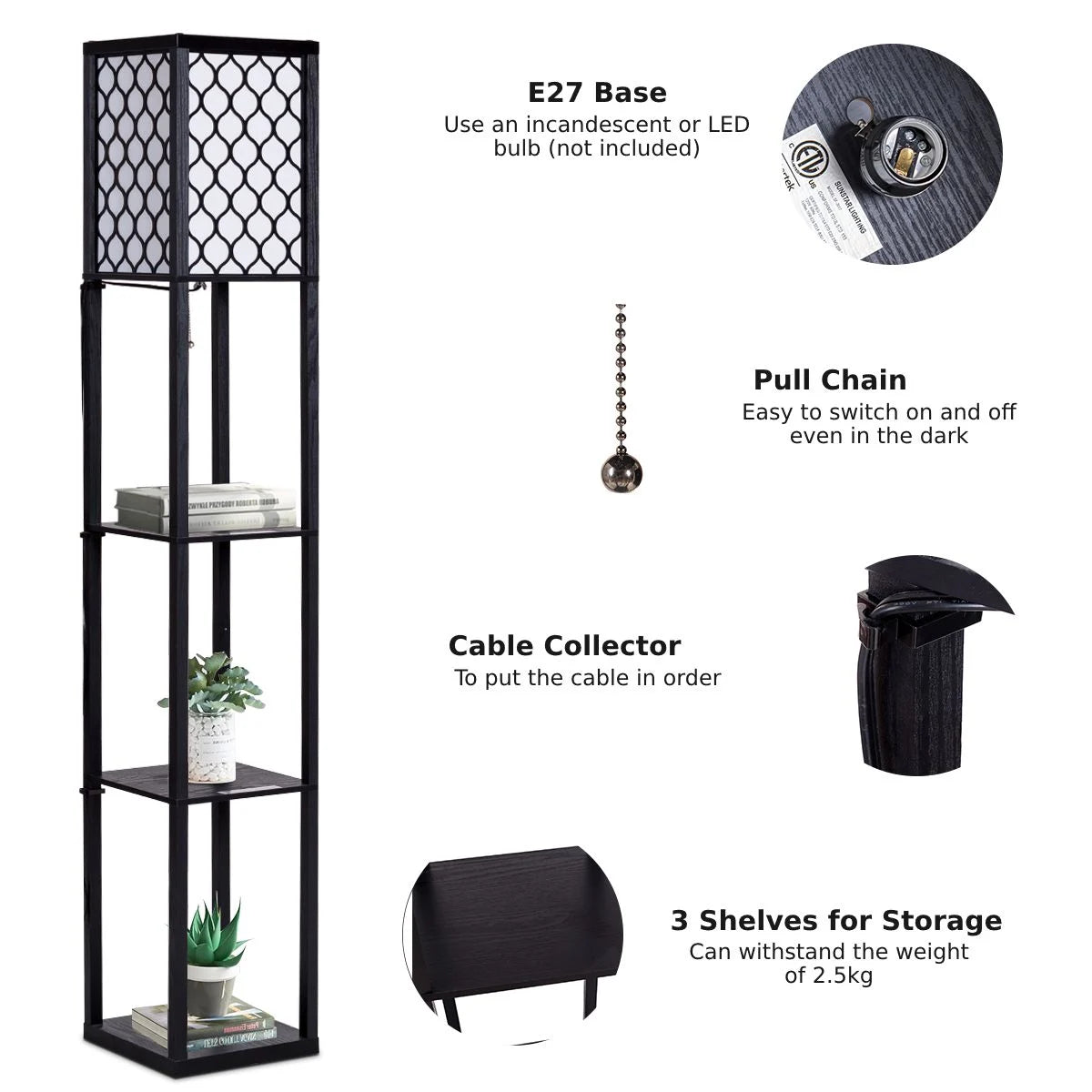 160 Cm Floor Lamp with 3-Tier Shelf for Room Decoration