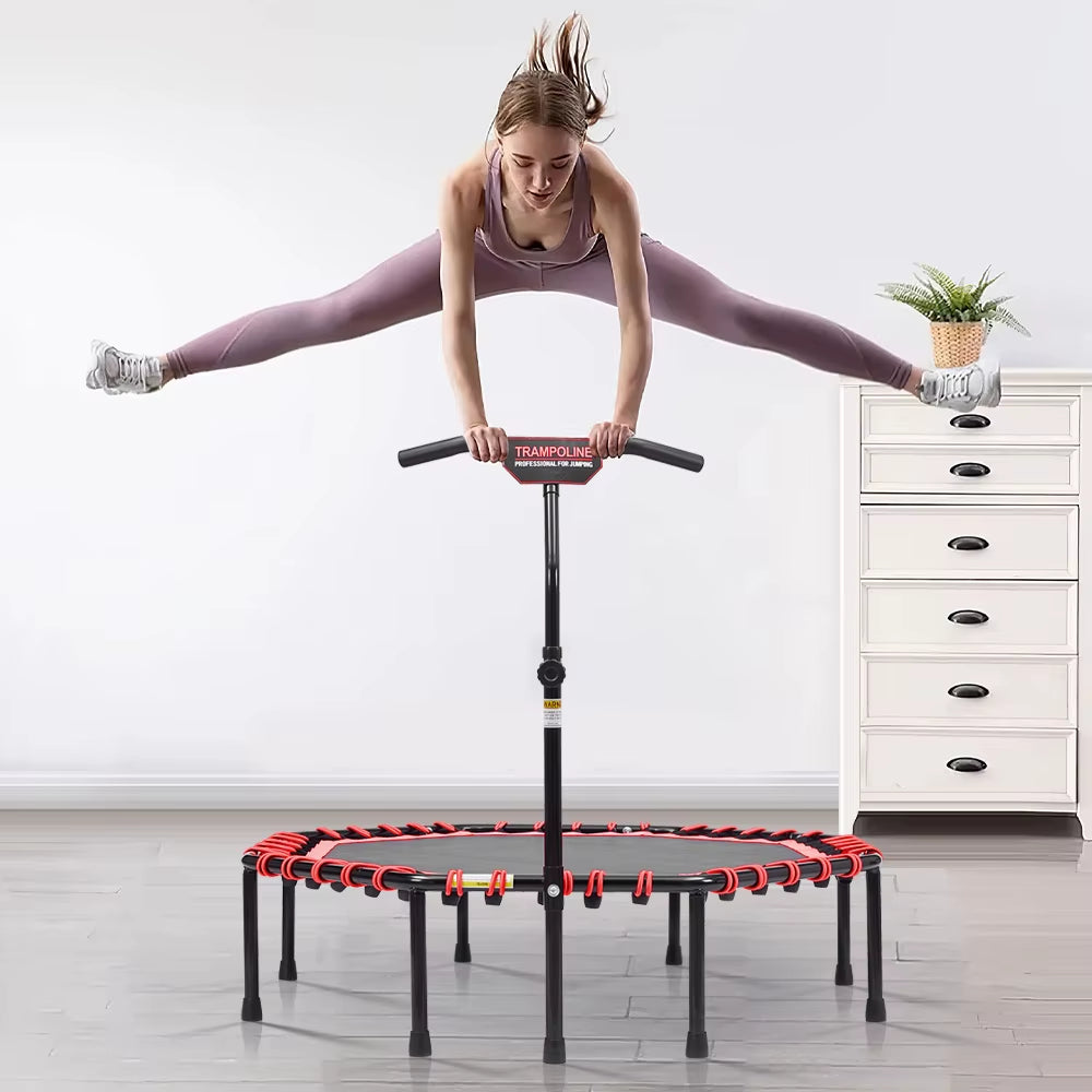 51 Inch Black Red Octagonal Garden Trampoline Fitness Trampoline with Adjustable T-Bar Handle for Kids Adults
