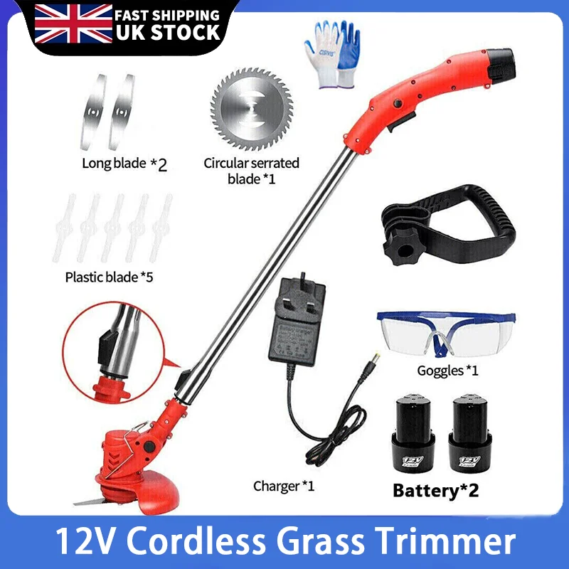 Cordless Grass Trimmer 12V - 2 Battery Powered Garden Edger & Lawn Cutter