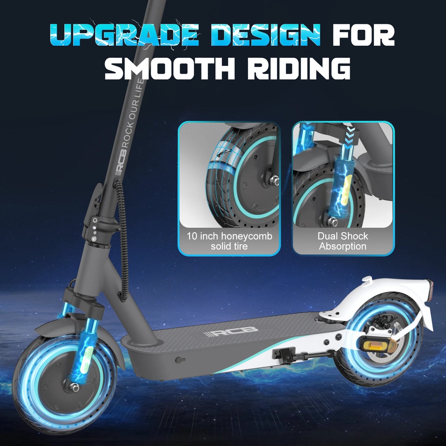 RCB 10" Electric Scooter Adult R19, 30-35 Km Range, Max Speed 25 km/h and 150kg Load, 3 Speed Settings, App Control