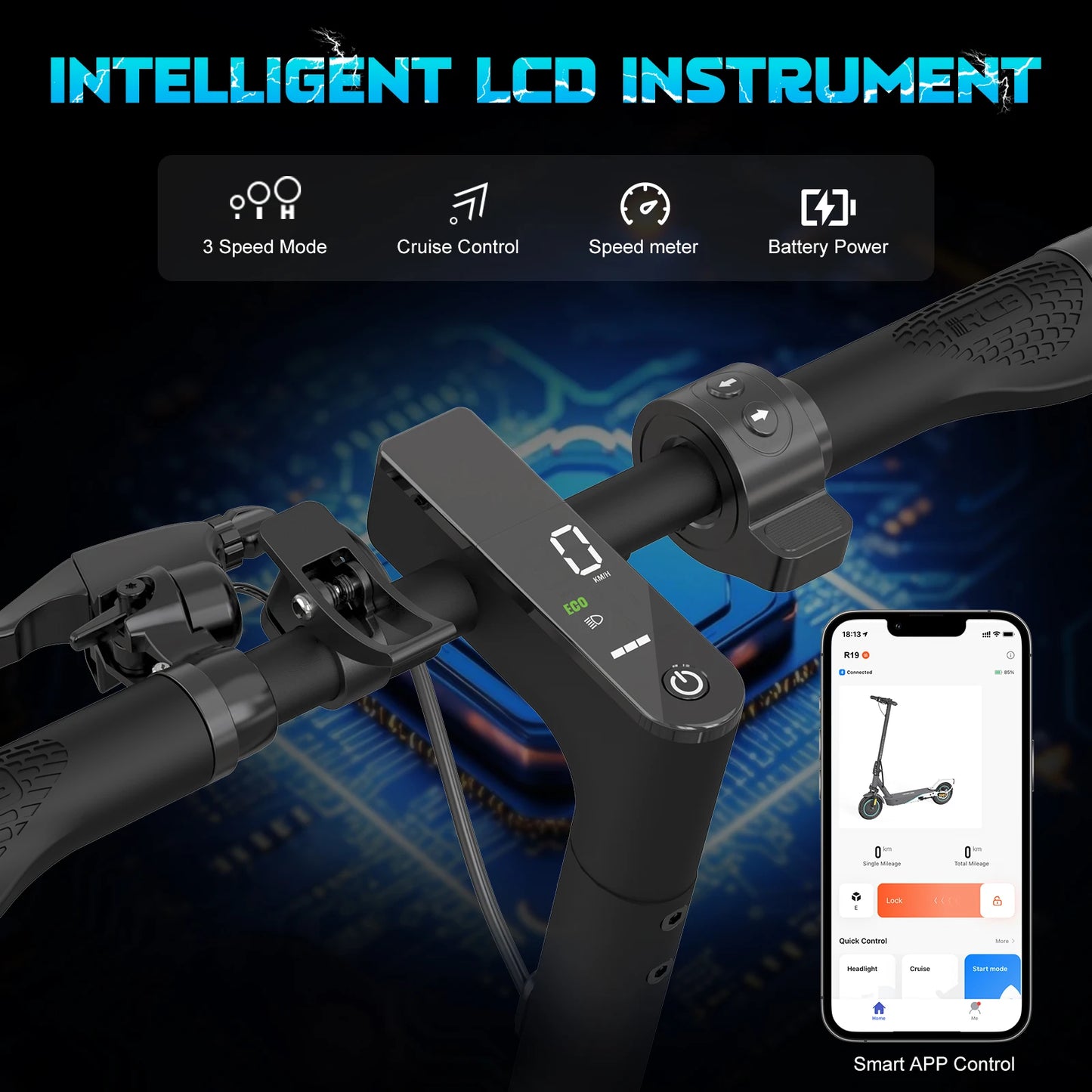 RCB 10" Electric Scooter Adult R19, 30-35 Km Range, Max Speed 25 km/h and 150kg Load, 3 Speed Settings, App Control