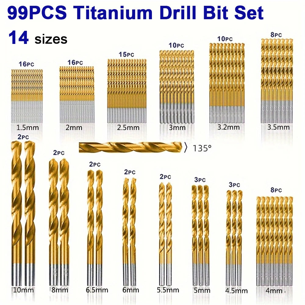 99Pcs HSS 4241 Twist Drill Bit Set Anti-rust Wear Protection Round Shank Titanium Drill Bits