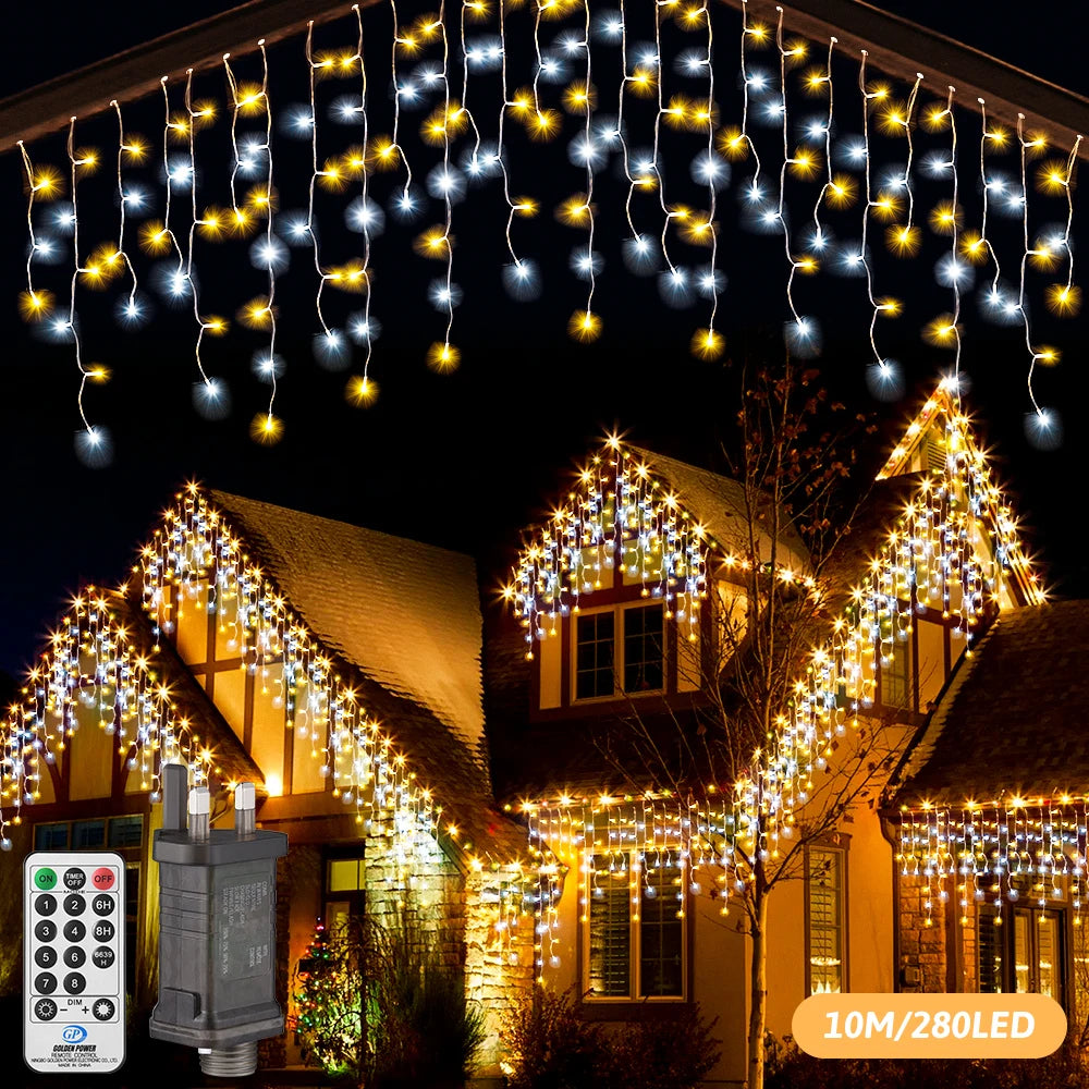 LED Icicle Lights 10m Holiday Fairy String Lights With 8 Mode For Bedroom Garden Outdoor Street Garland Festival Christmas Decor