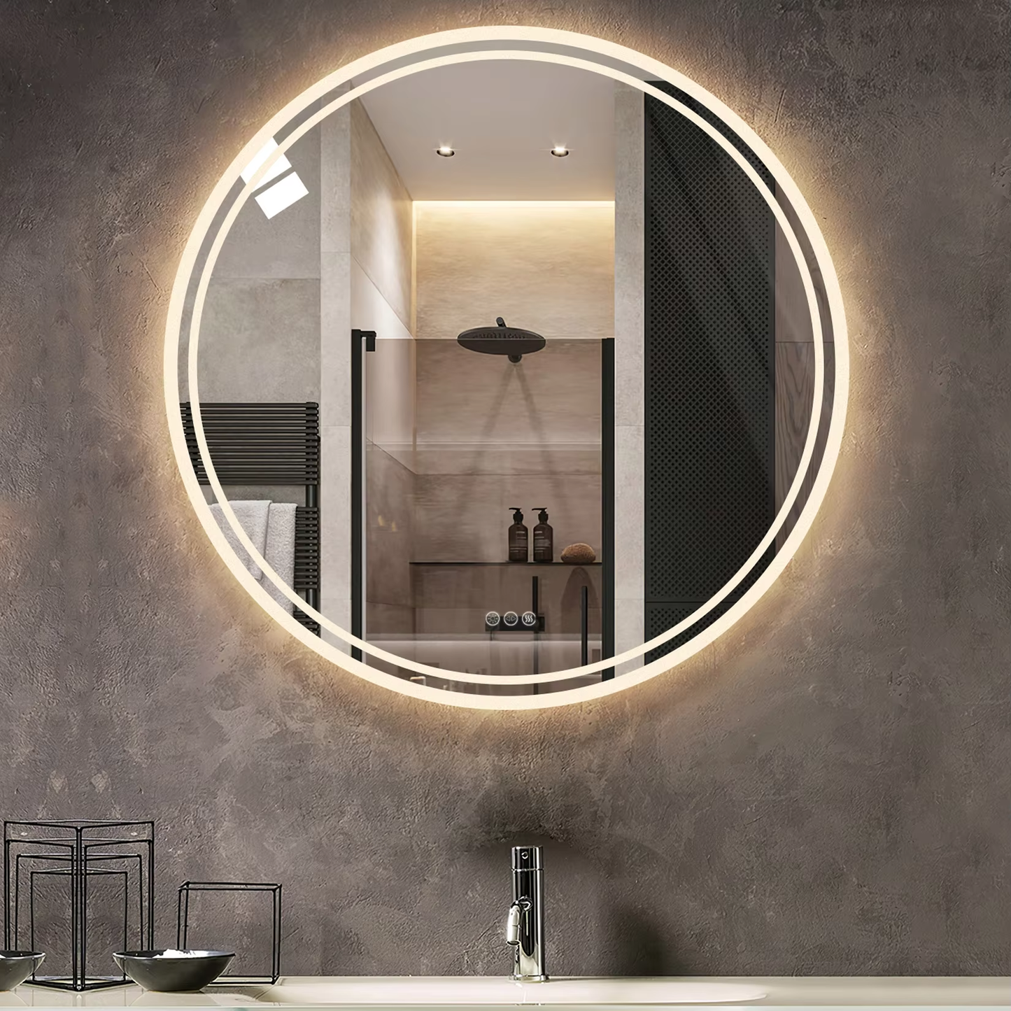 Bathroom Mirror with LED Lights, Circle, Backlit Wall Mounted