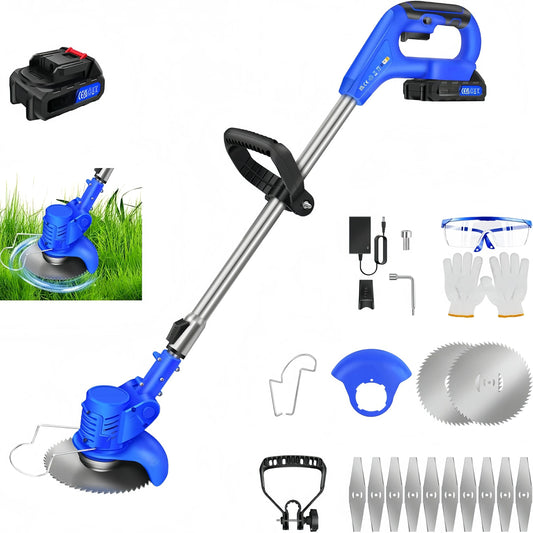 Cordless Electric Lawn Mower and Grass Trimmer - 21V Adjustable Length Cutter with 36000RPM Battery Included