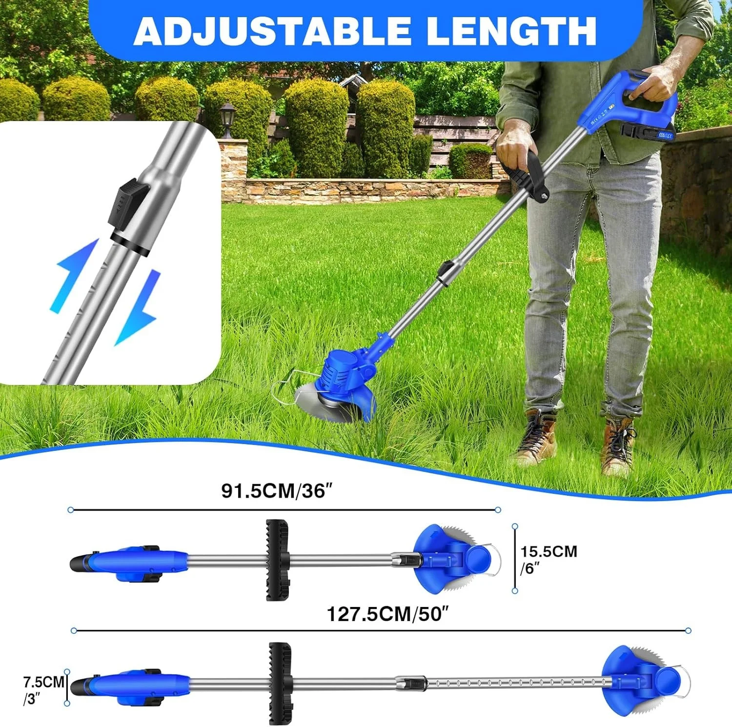 Cordless Electric Lawn Mower and Grass Trimmer - 21V Adjustable Length Cutter with 36000RPM Battery Included