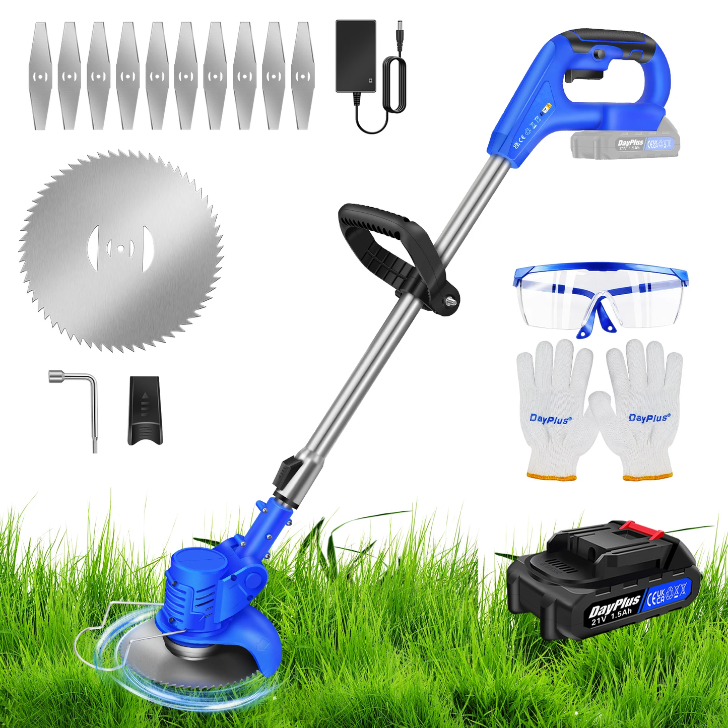 Cordless Electric Lawn Mower and Grass Trimmer - 21V Adjustable Length Cutter with 36000RPM Battery Included