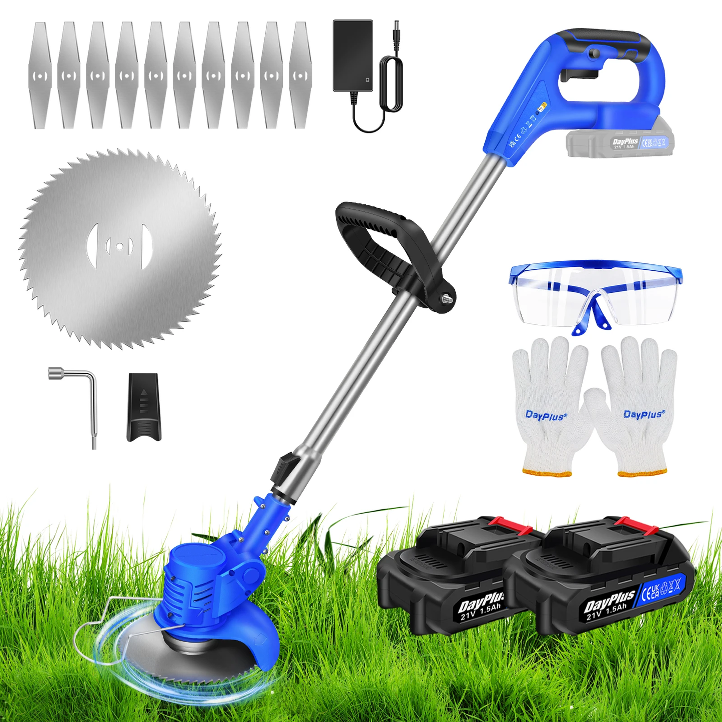 Cordless Electric Lawn Mower and Grass Trimmer - 21V Adjustable Length Cutter with 36000RPM Battery Included