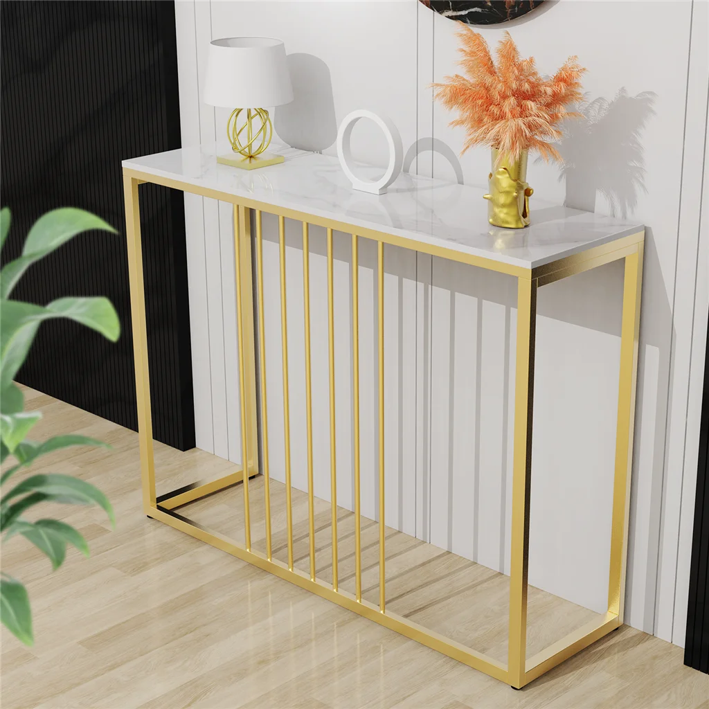 Elegant 100CM Slim Narrow Hallway Console Table with Luxurious Real Marble Top and Sturdy Metal Legs
