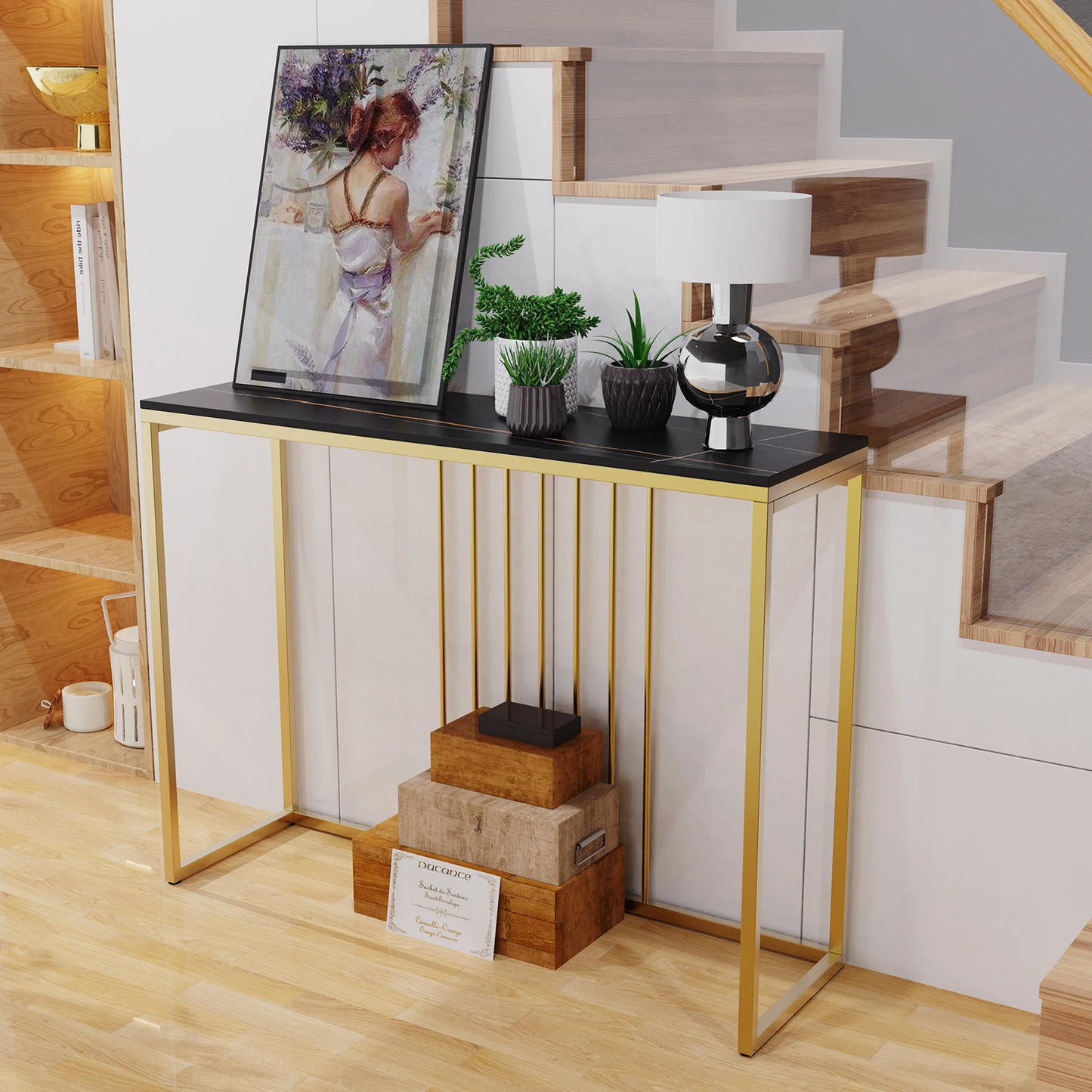 Elegant 100CM Slim Narrow Hallway Console Table with Luxurious Real Marble Top and Sturdy Metal Legs