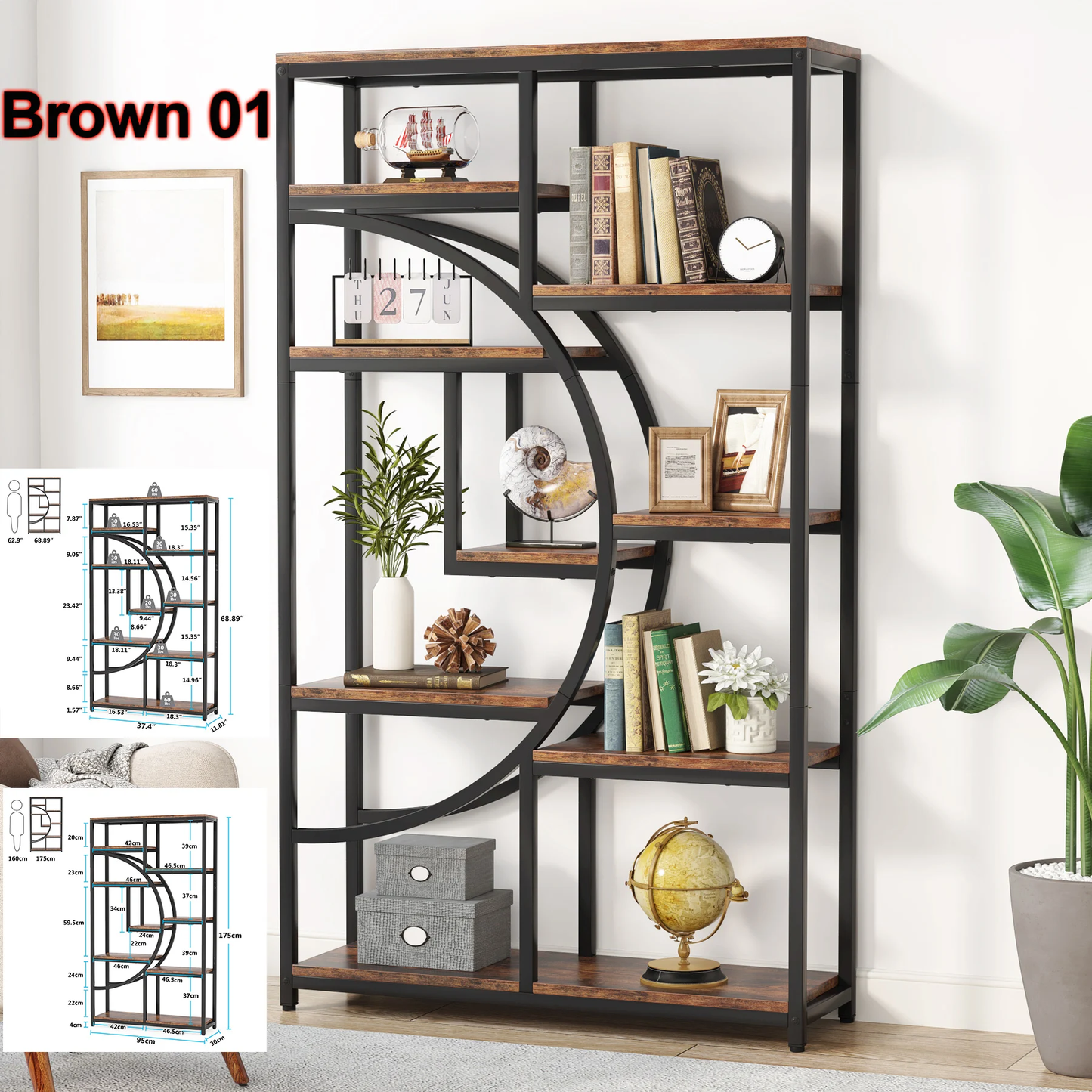 Industrial 5 Tier Etagere Freestanding Tall Book Shelf Storage Organizer