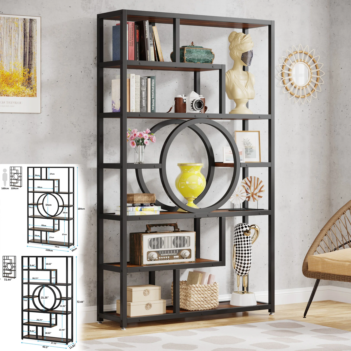 Industrial 5 Tier Etagere Freestanding Tall Book Shelf Storage Organizer