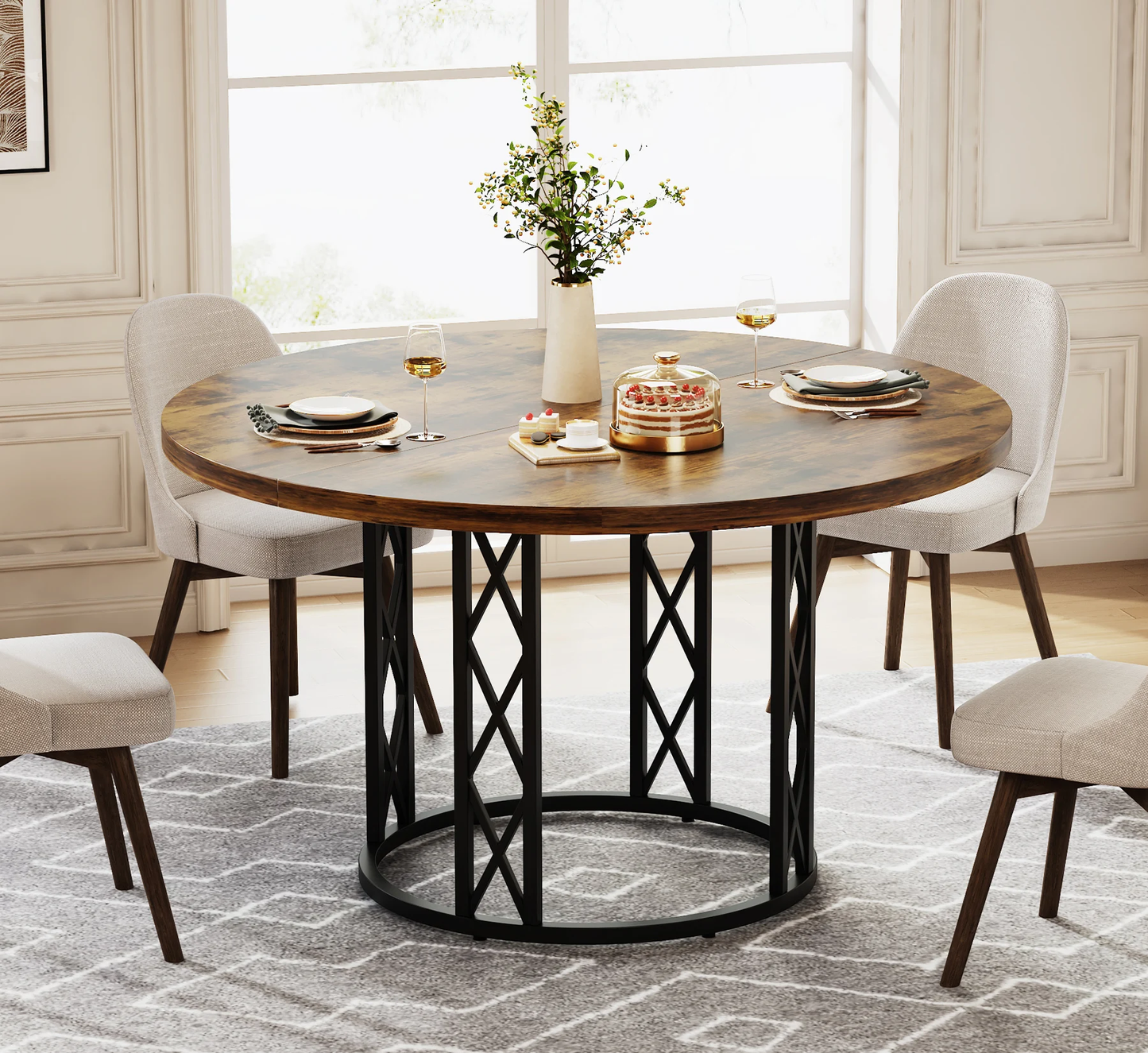 Round Dining Table for 4-6 People, 47-Inch Farmhouse Dinning Room Table