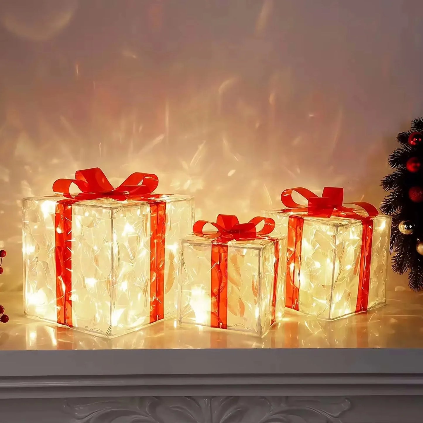 Christmas Glowing Gifts Box Decoration Ornament With Bow Lighting Box Outdoor Light Lighting Xmas New Year