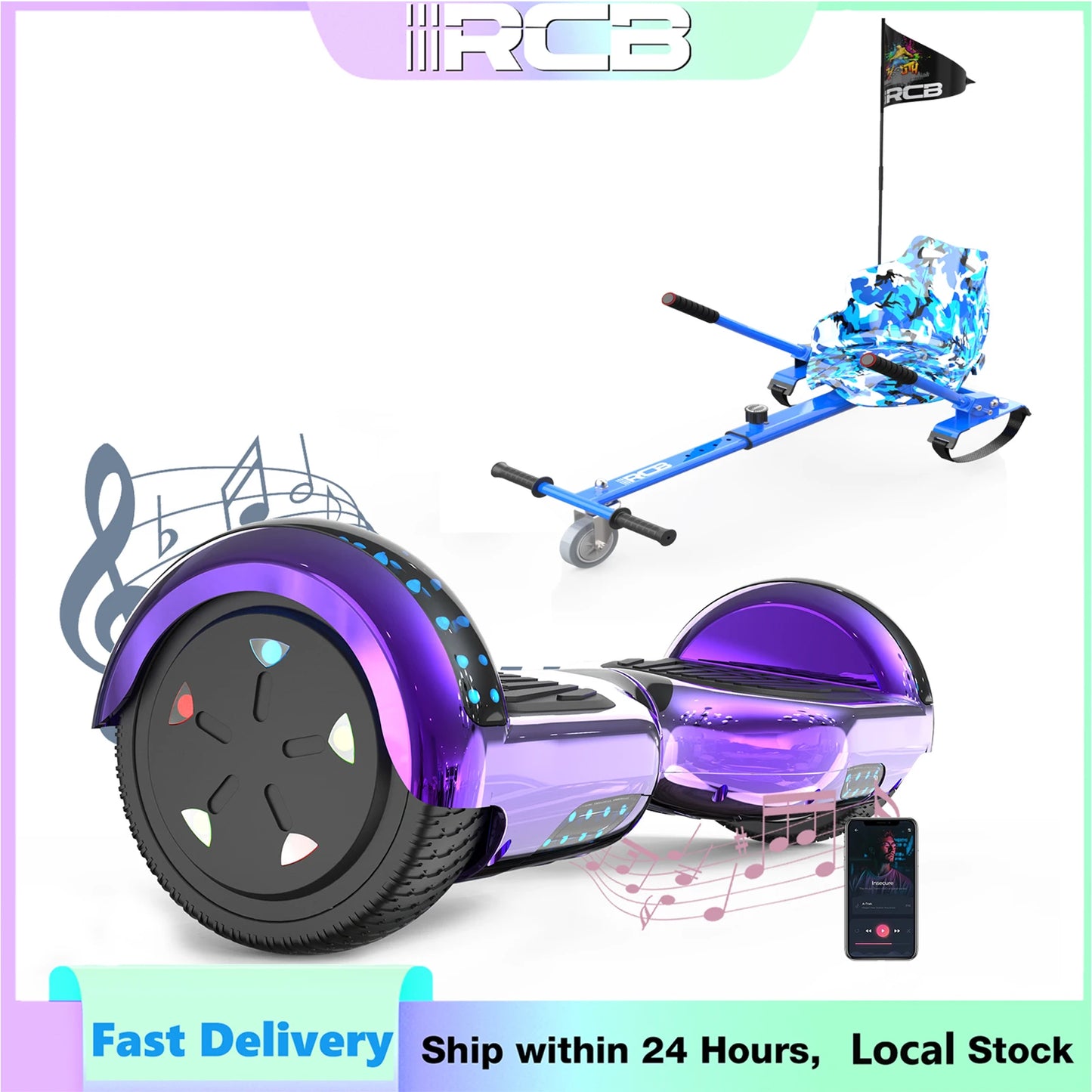 RCB 6.5-Inch Hoverboard with Go-Kart, Non-Slip Tire, LED Lights, Built-in Safety System, Electric Hoverboard for Kids & Adults