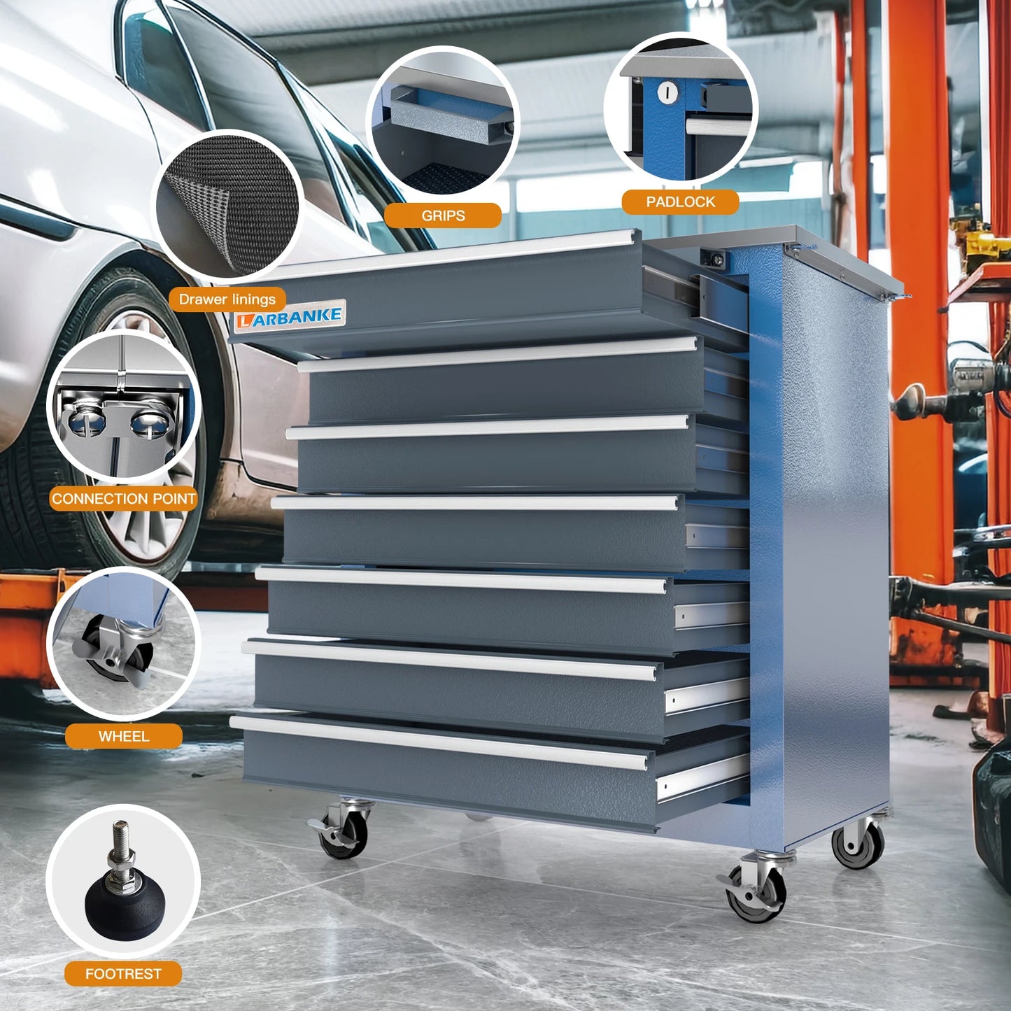 7-Drawer Rolling Tool Chest Toolbox,with 360° Lockable Wheels and Padded Feet,can be Combined Storage System with Tool Chest