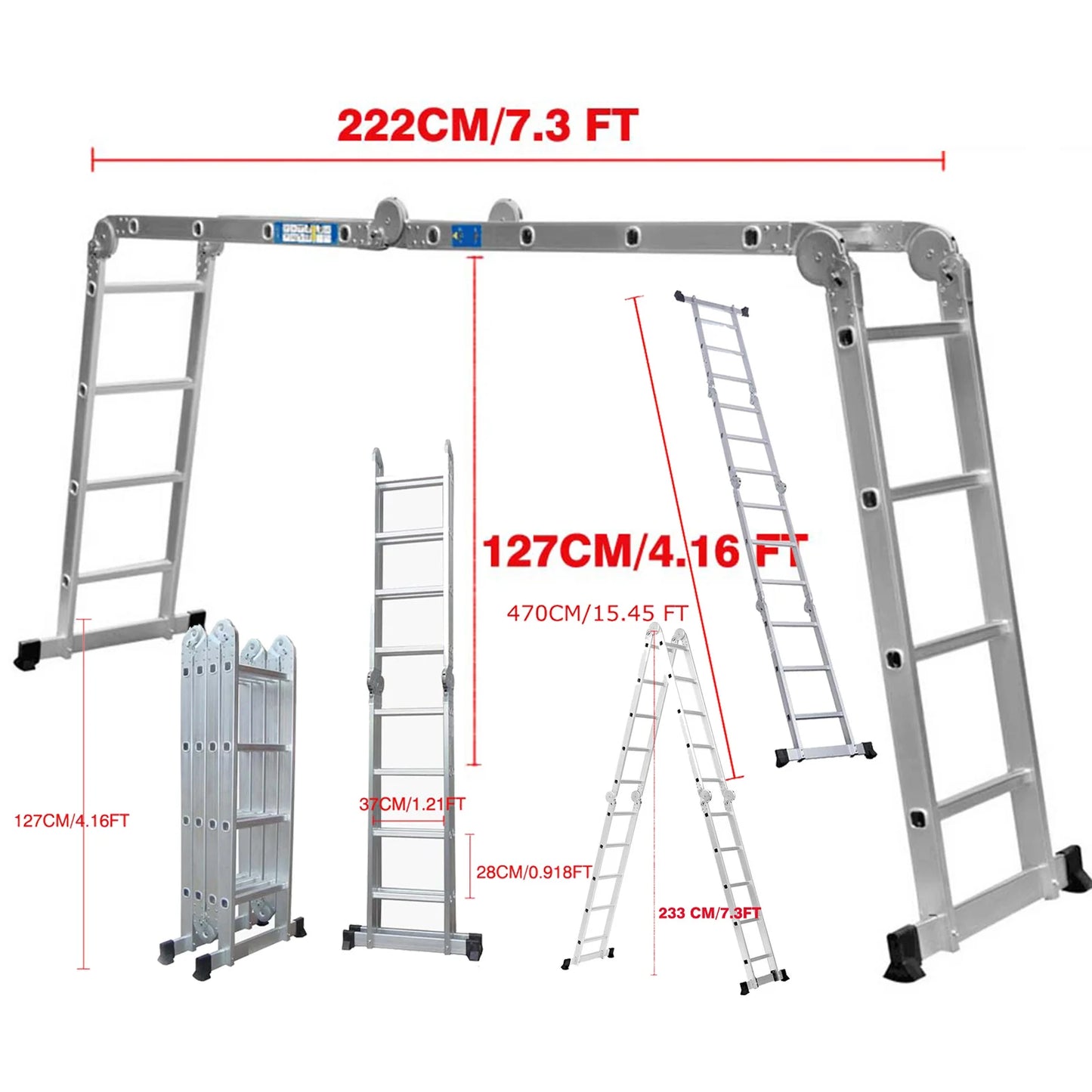 Multi-Purpose 4.7m/15.4ft Folding Ladder Aluminium Extension with Safety Platform, 16 Steps Heavy Duty 14 IN 1 Combination