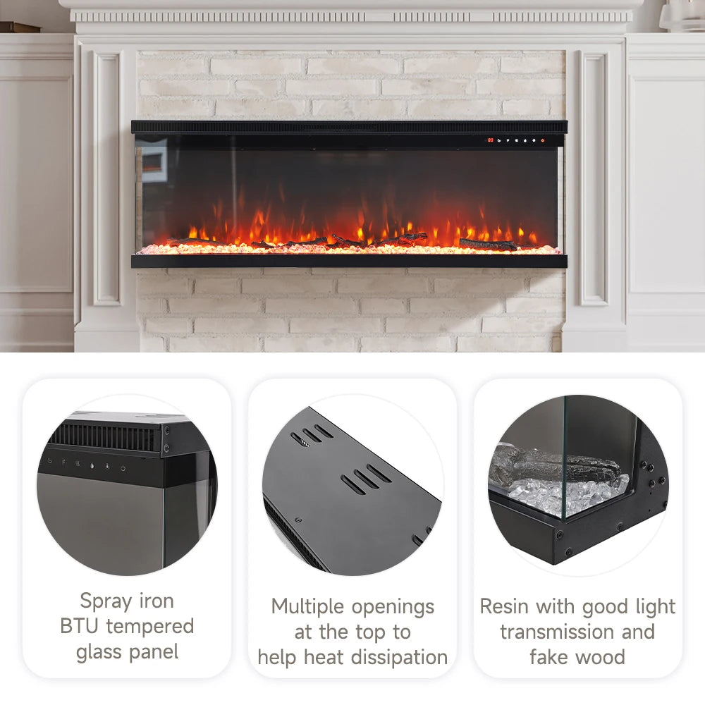 Recessed/Freestanding 3-sided Tempered Glass Front Electric Fireplace, 12 Flame Colors, 1500W 40&50 Inch