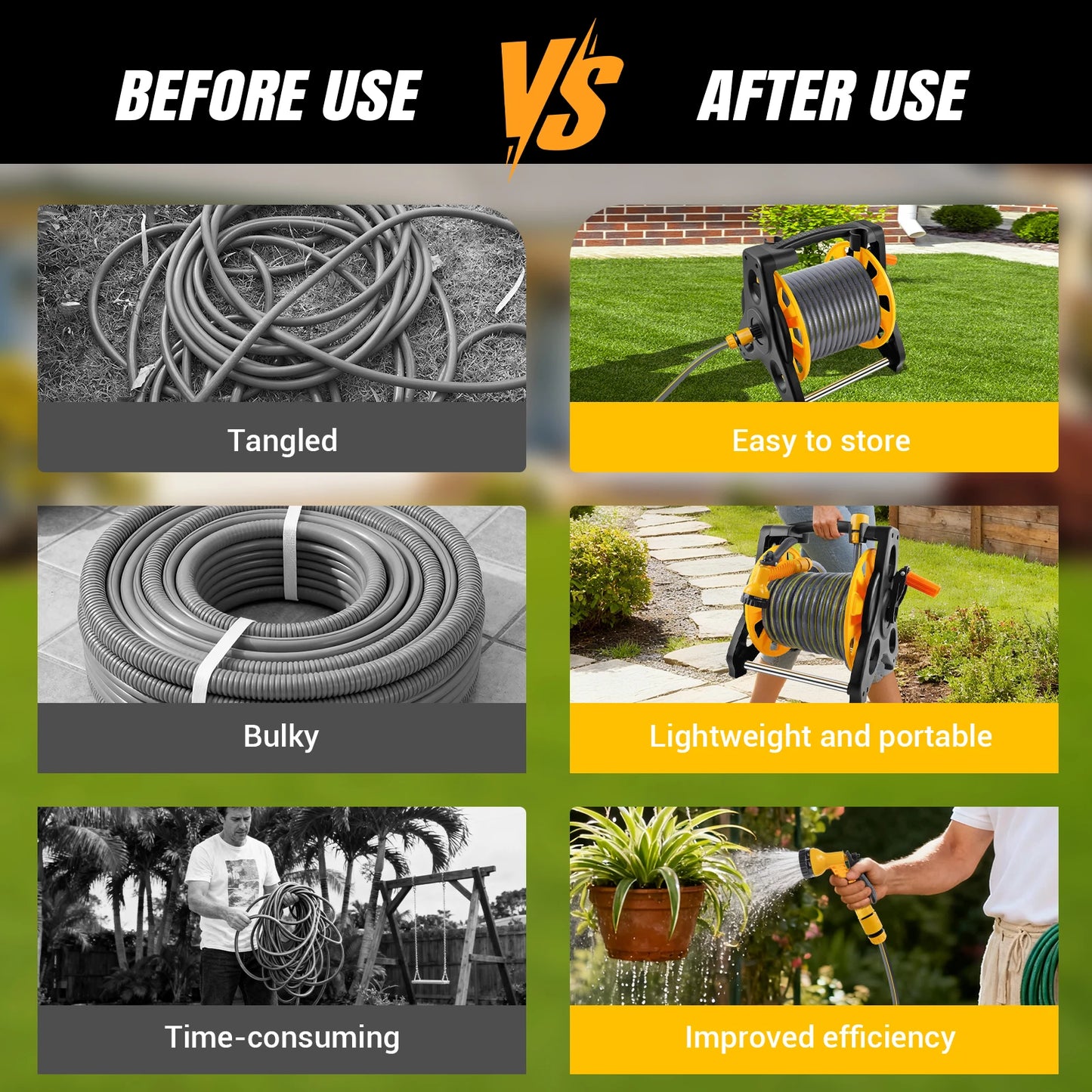 15/25/30M Garden Hose Reel Floor Standing Heavy Duty with Nozzle 7 Patterns & Fittings