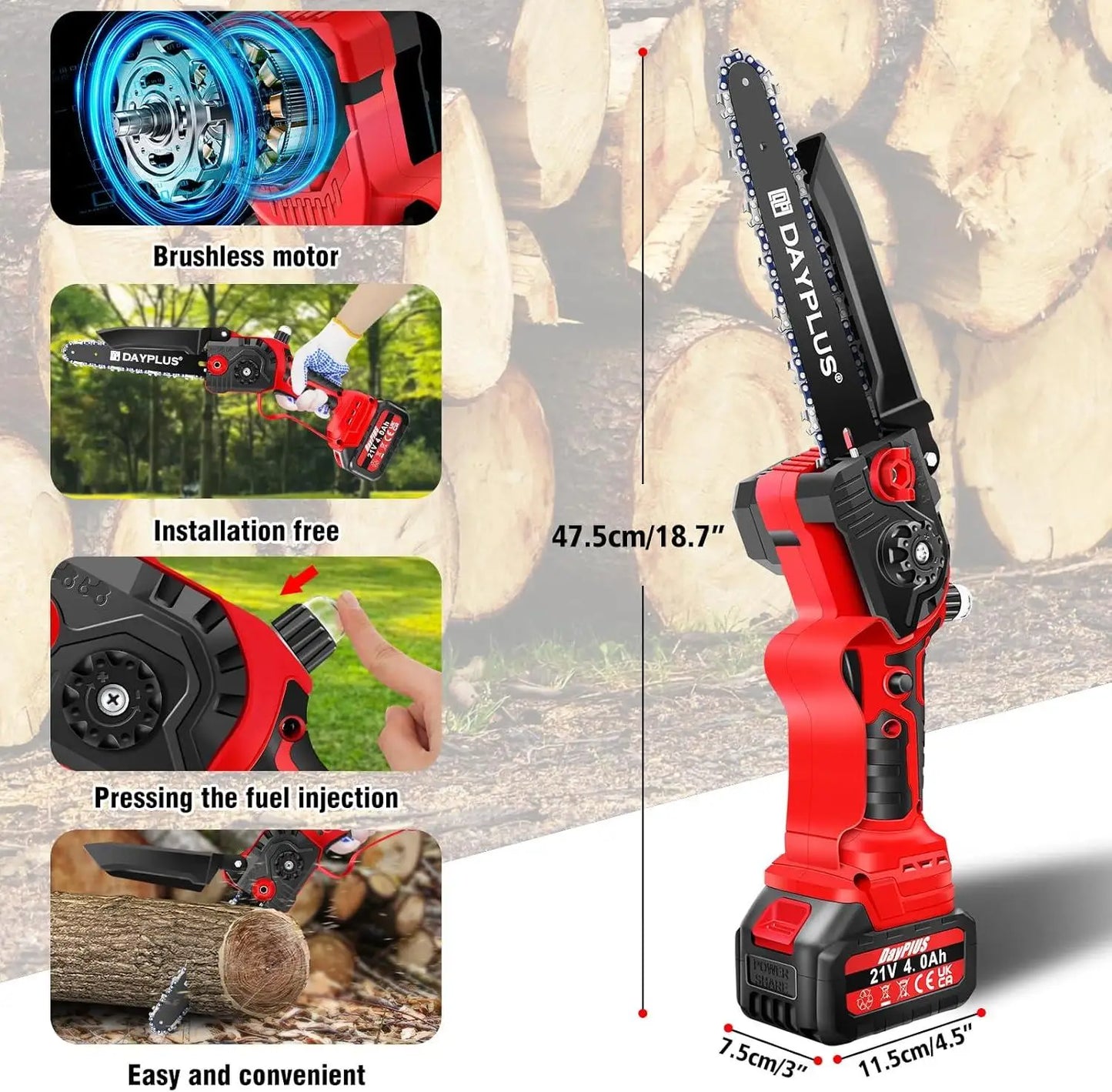 8 inch Brushless Mini Chainsaw 21V Cordless Handheld for Pruning Trees and Branches Wood Cutting with 4000mAh Battery