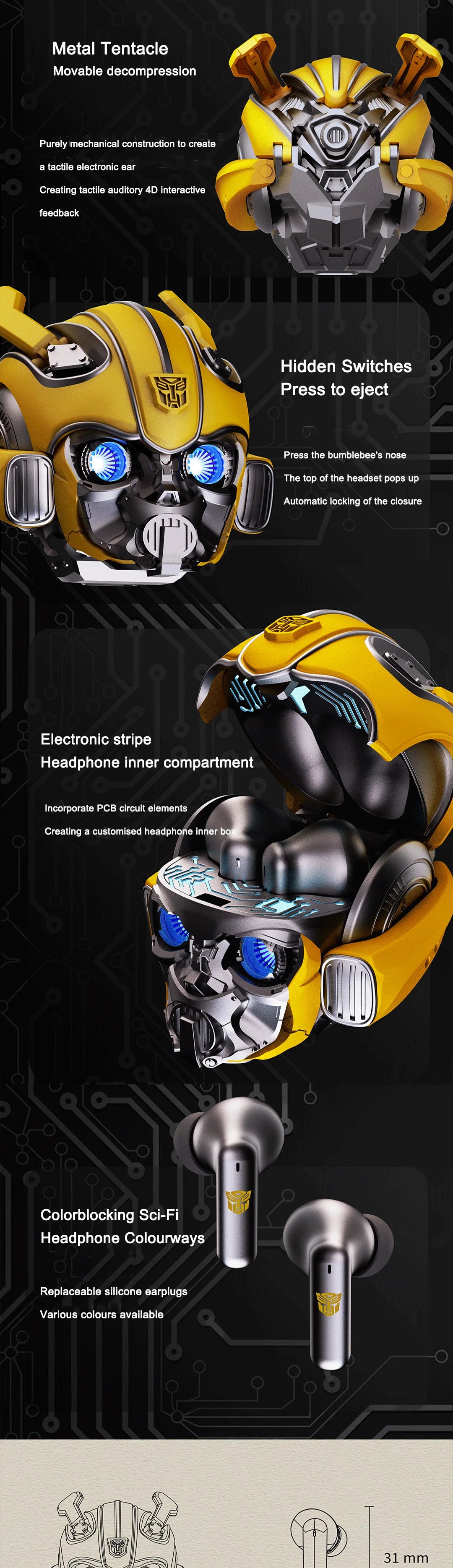 Genuine TRANSFORMERS H1 High-Quality Bluetooth Earphone Cool Bumblebee Mecha-shaped Wireless Headset High Quality Zinc Alloy