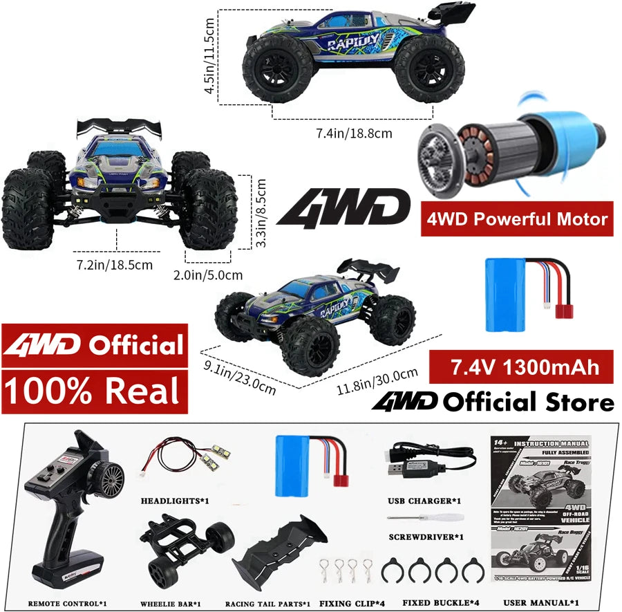 4WD 1:16 80KM/H Super Brushless 50KM/H Brushed RC Car 4x4 Off Road High Speed Drift Racing Truck Toy Kids Adults