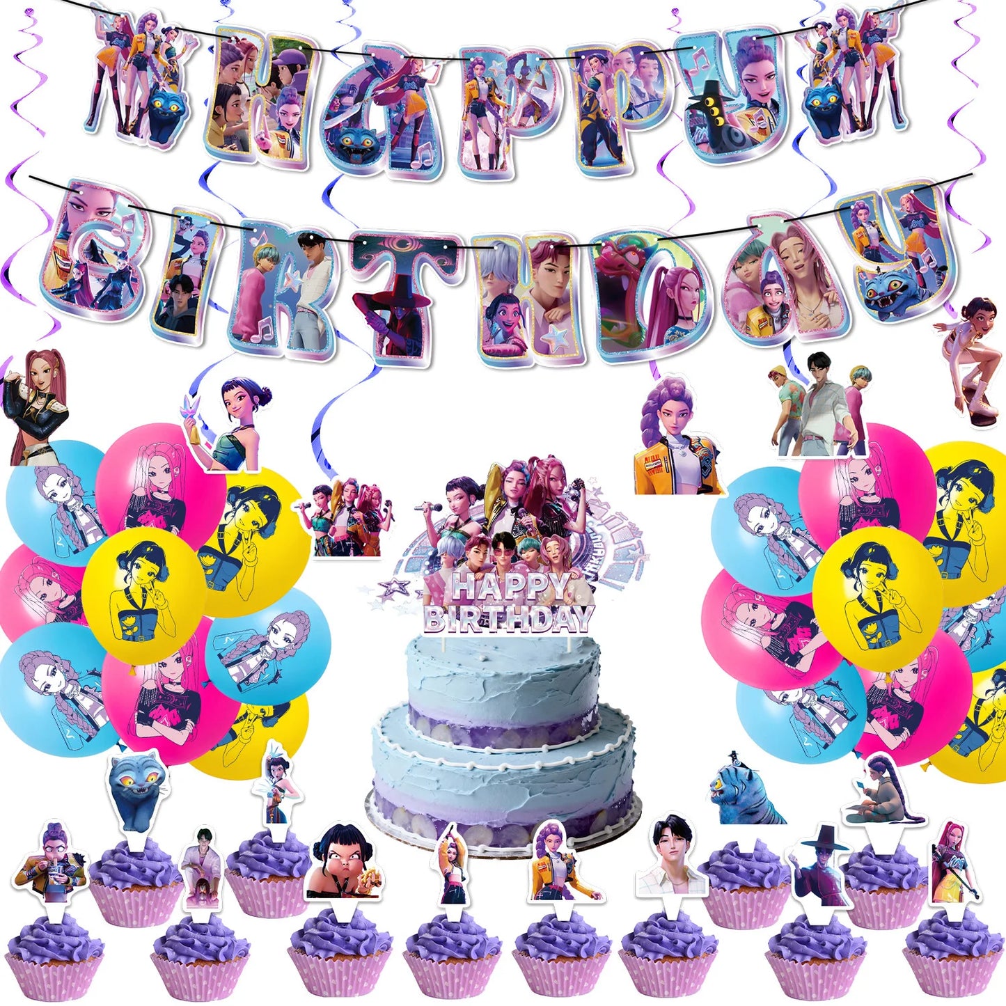 k pop demon hunters Hand-drawn Theme Birthday Party Decorations cake topper balloon banner for Girls Baby Shower Supply