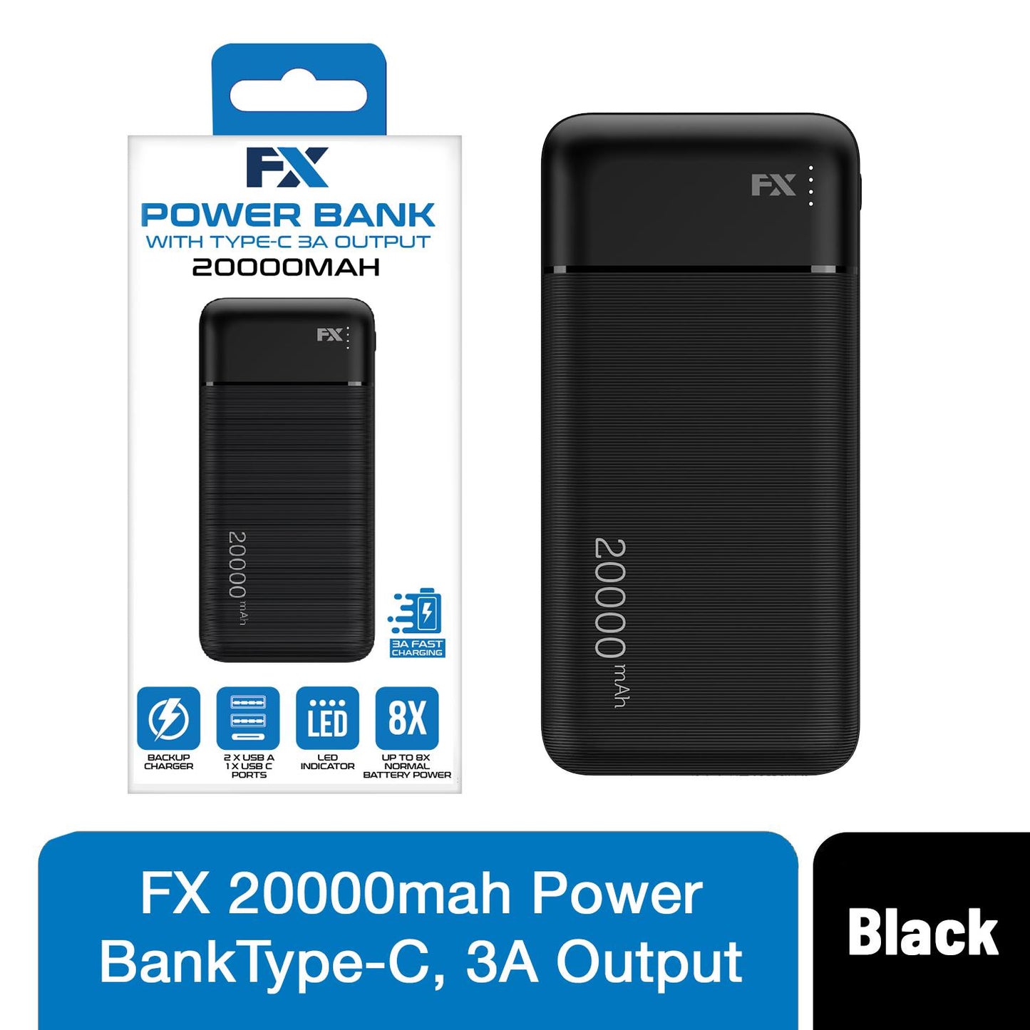 FX 20000mAh Fast Charging Powerbank - 3A Type-C, Multi-Device Support, Black
