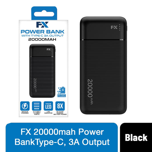 FX 20000mAh Fast Charging Powerbank - 3A Type-C, Multi-Device Support, Black