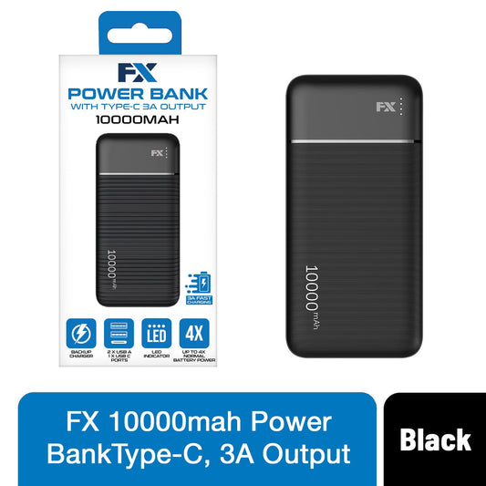 FX 10,000mAh Fast Charge Powerbank - Dual USB & Type-C, Sleek Black Design
