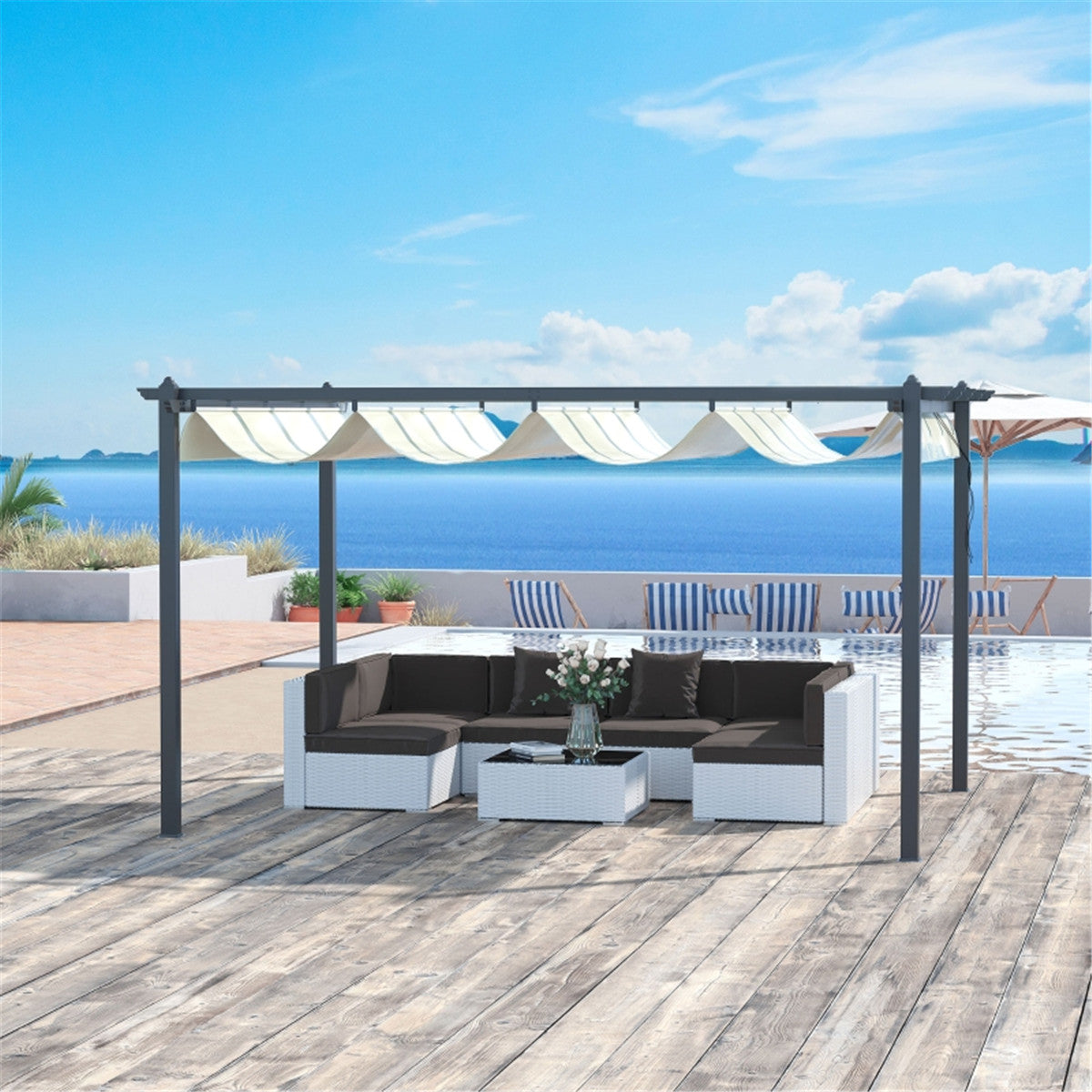 Spacious Aluminum Patio Gazebo with Retractable Canopy & Ground Stakes