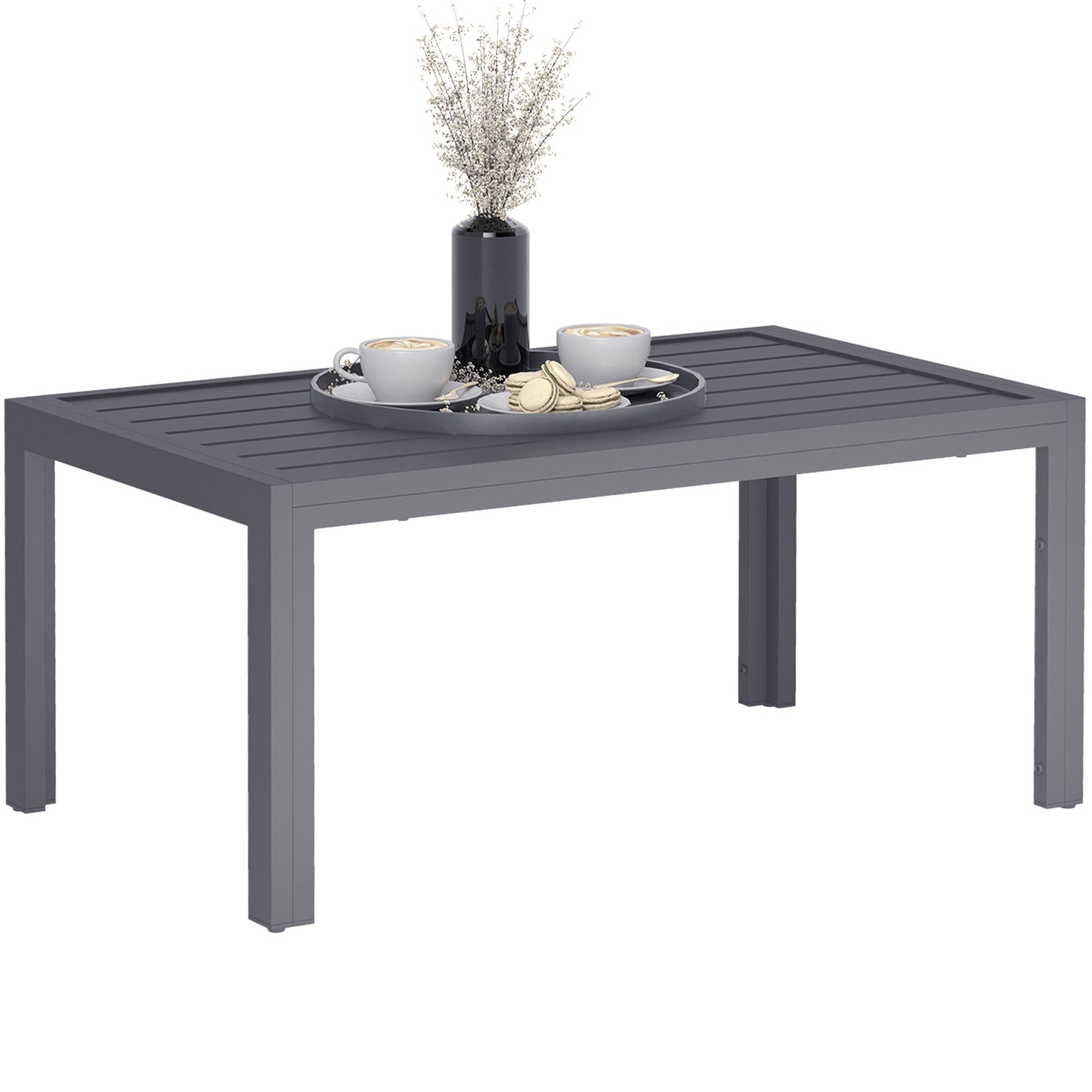 Grey Slat-Top Outdoor Side Table - Steel Frame 101.5x61x46 cm