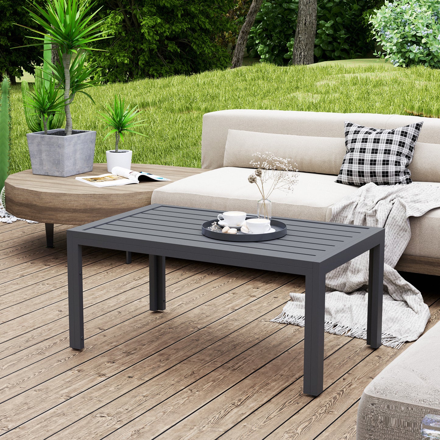 Grey Slat-Top Outdoor Side Table - Steel Frame 101.5x61x46 cm