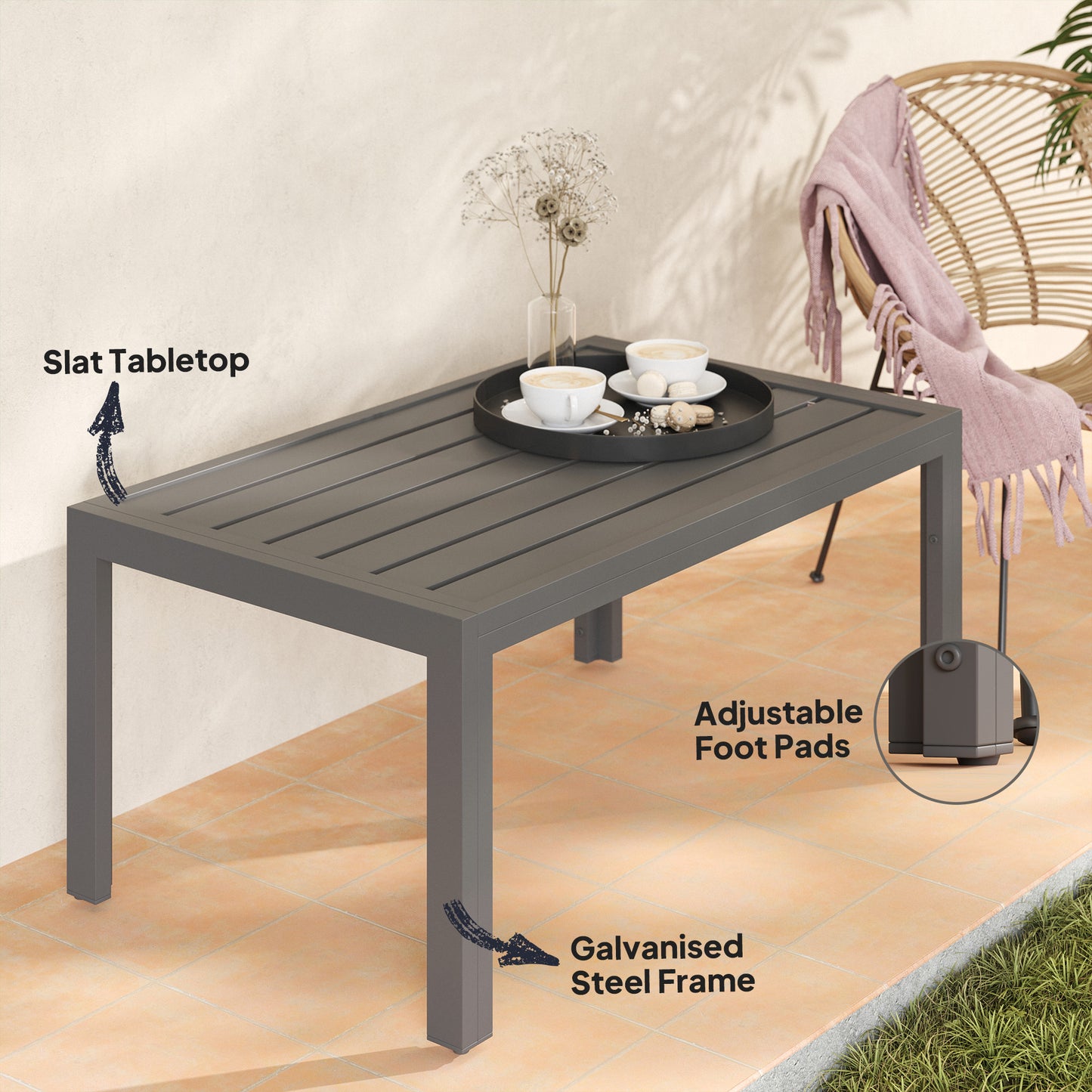 Grey Slat-Top Outdoor Side Table - Steel Frame 101.5x61x46 cm