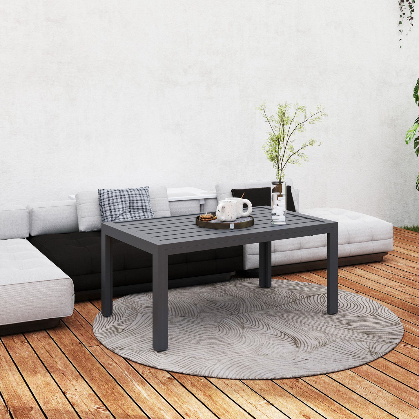 Grey Slat-Top Outdoor Side Table - Steel Frame 101.5x61x46 cm