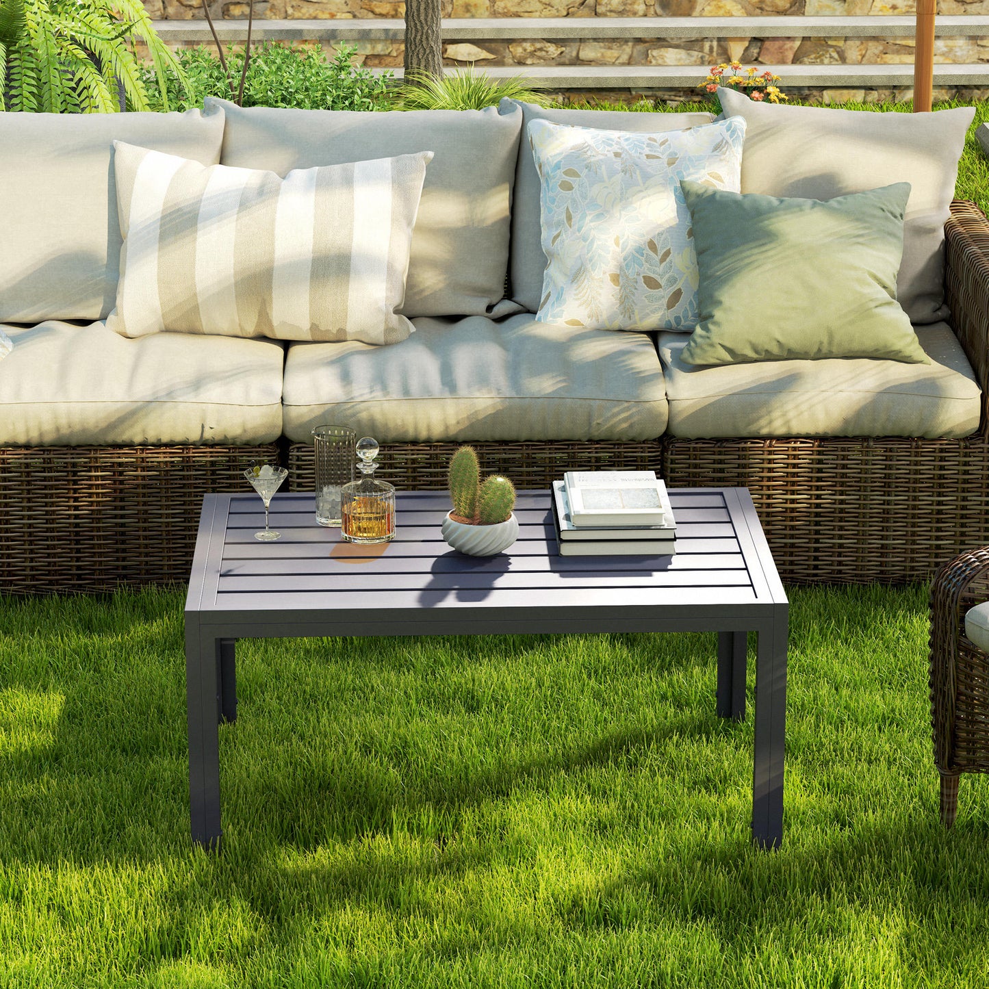 Grey Slat-Top Outdoor Side Table - Steel Frame 101.5x61x46 cm