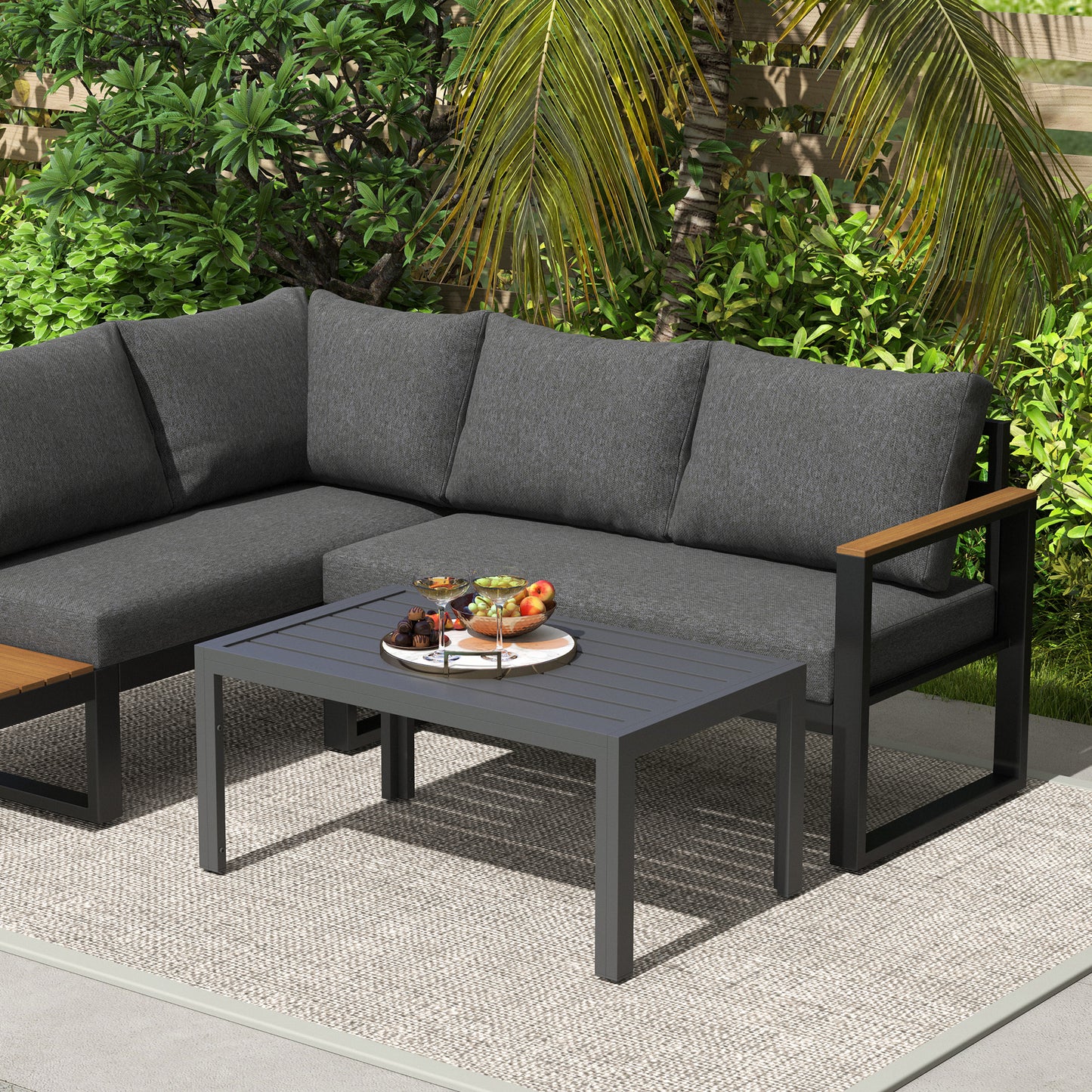 Grey Slat-Top Outdoor Side Table - Steel Frame 101.5x61x46 cm