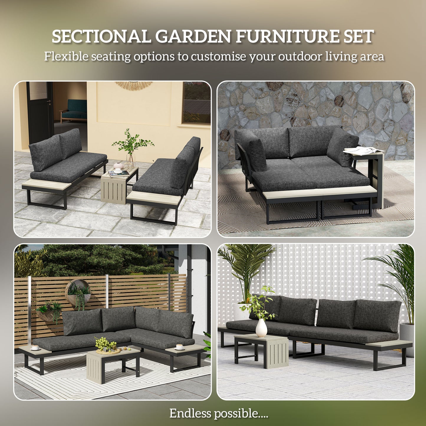 4-Seater L-Shaped Aluminium Garden Set with Convertible Table