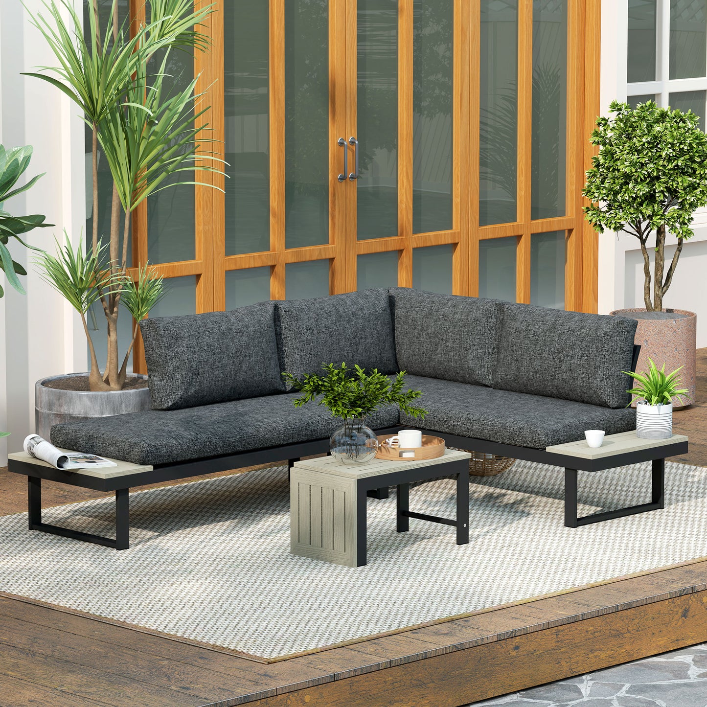 4-Seater L-Shaped Aluminium Garden Set with Convertible Table
