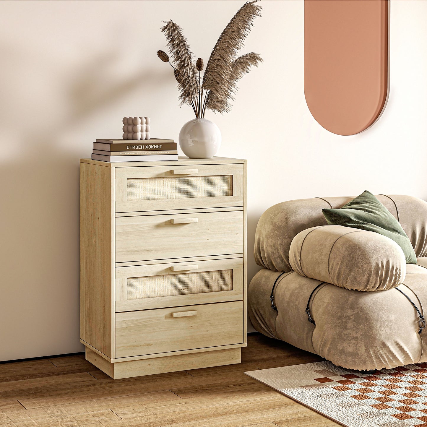 Boho Chic 4-Drawer Dresser: Natural Rattan Accent & Ample Storage Solution