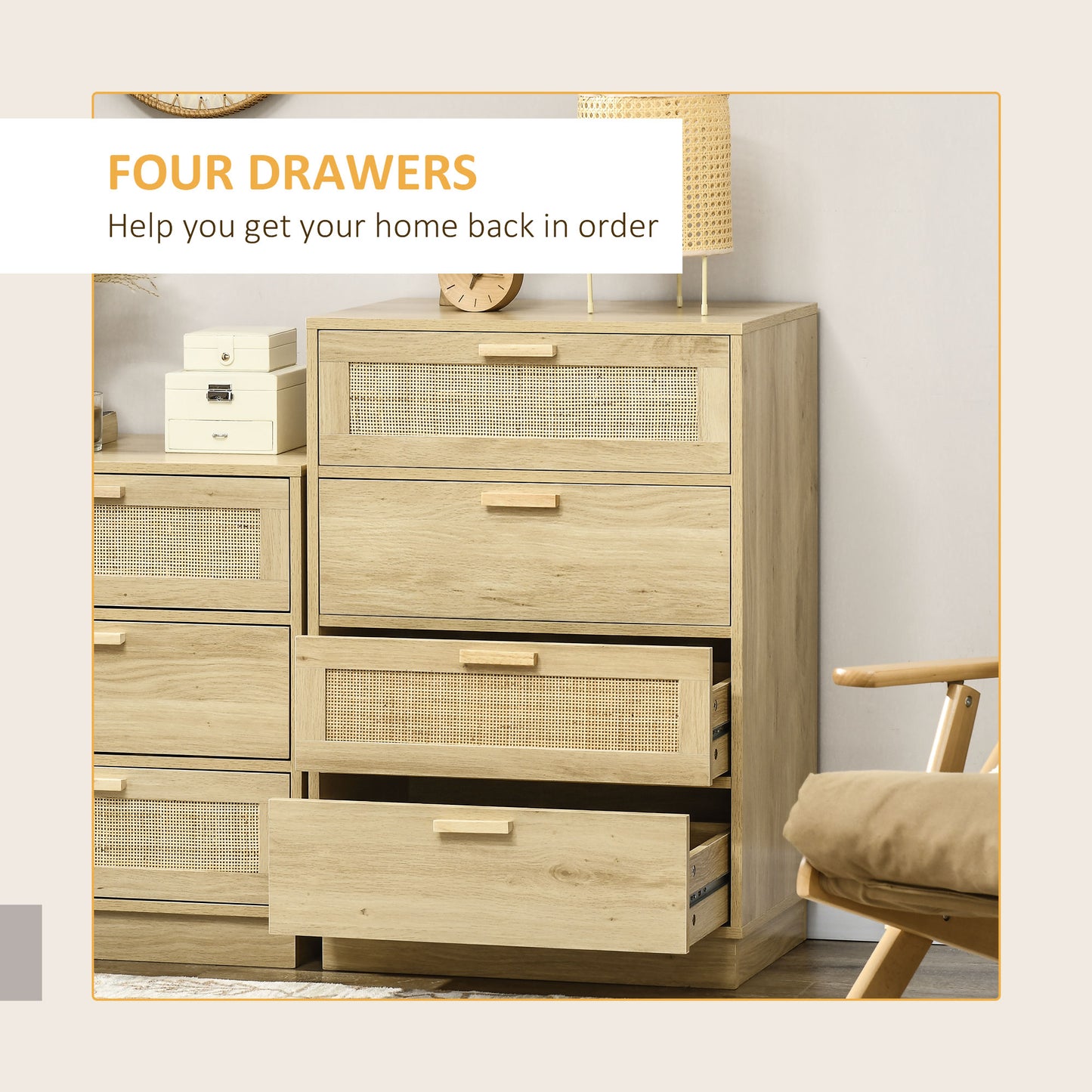 Boho Chic 4-Drawer Dresser: Natural Rattan Accent & Ample Storage Solution