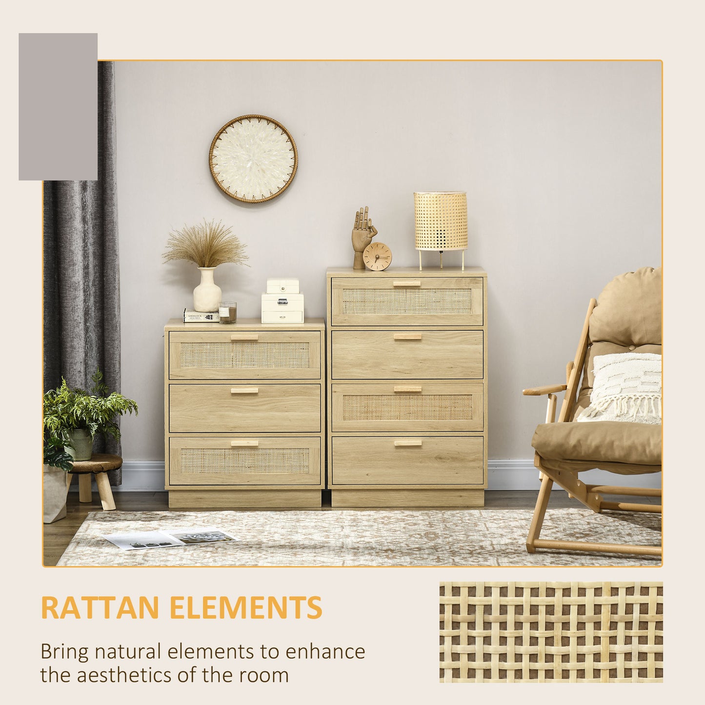 Boho Chic 4-Drawer Dresser: Natural Rattan Accent & Ample Storage Solution