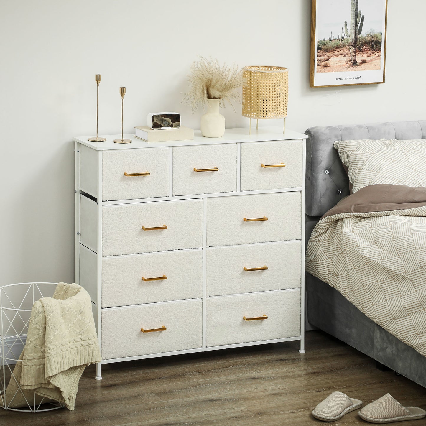 Chic Cream Fabric Storage Unit with 9 Drawers & Stylish Gold-Tone Handles