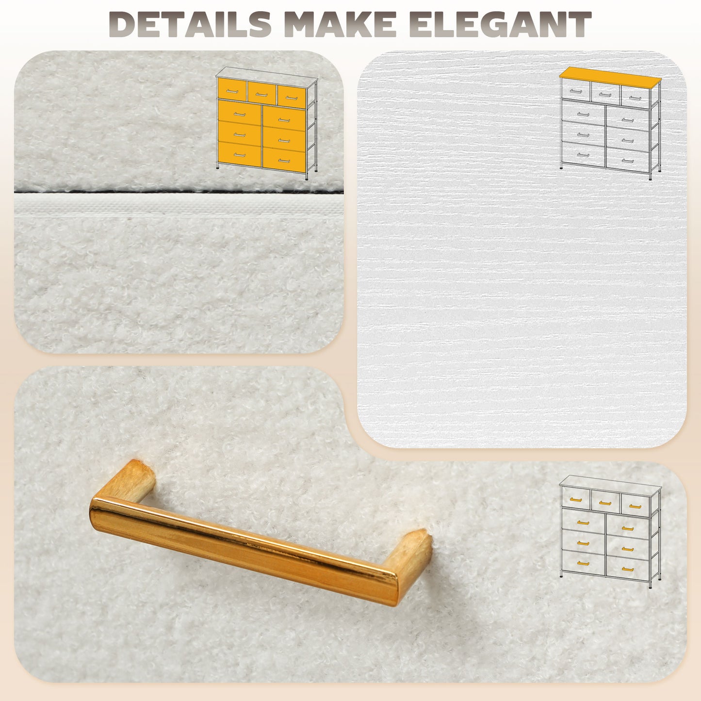 Chic Cream Fabric Storage Unit with 9 Drawers & Stylish Gold-Tone Handles