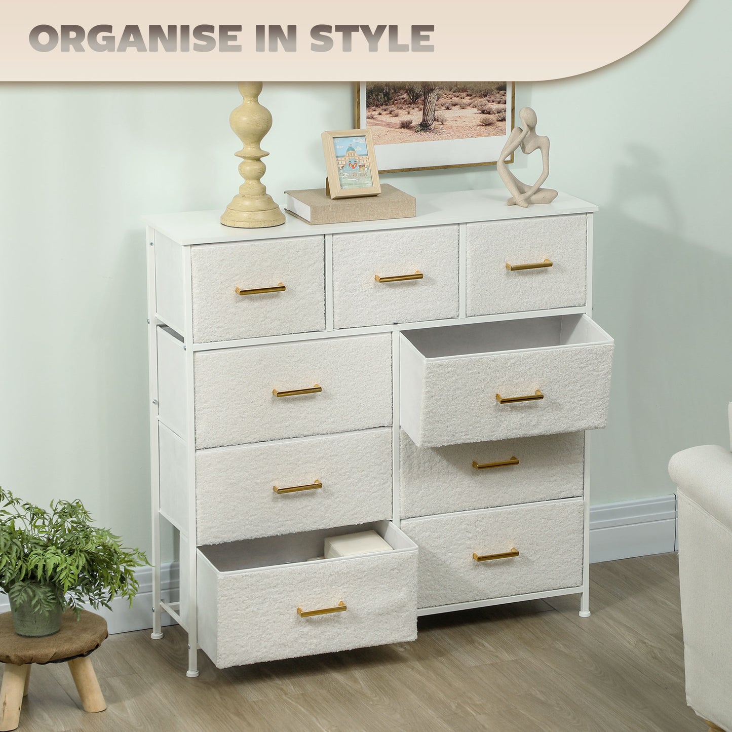 Chic Cream Fabric Storage Unit with 9 Drawers & Stylish Gold-Tone Handles