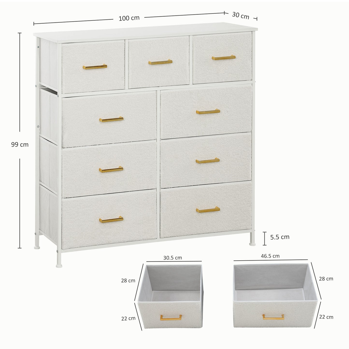 Chic Cream Fabric Storage Unit with 9 Drawers & Stylish Gold-Tone Handles